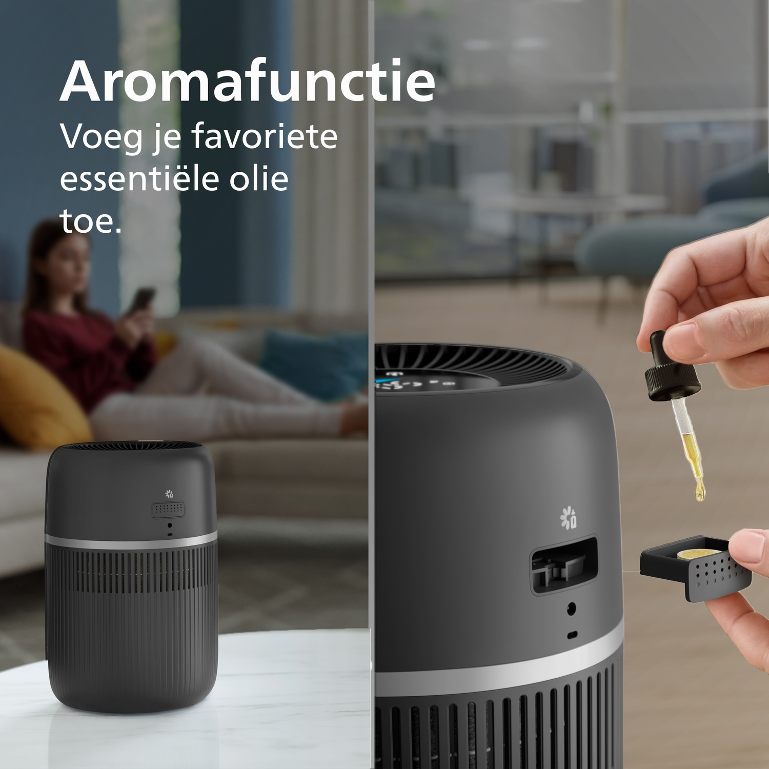 Hand voegt essentiële olie toe aan een zwarte luchtreiniger met aromafunctie, met ontspannende vrouw.