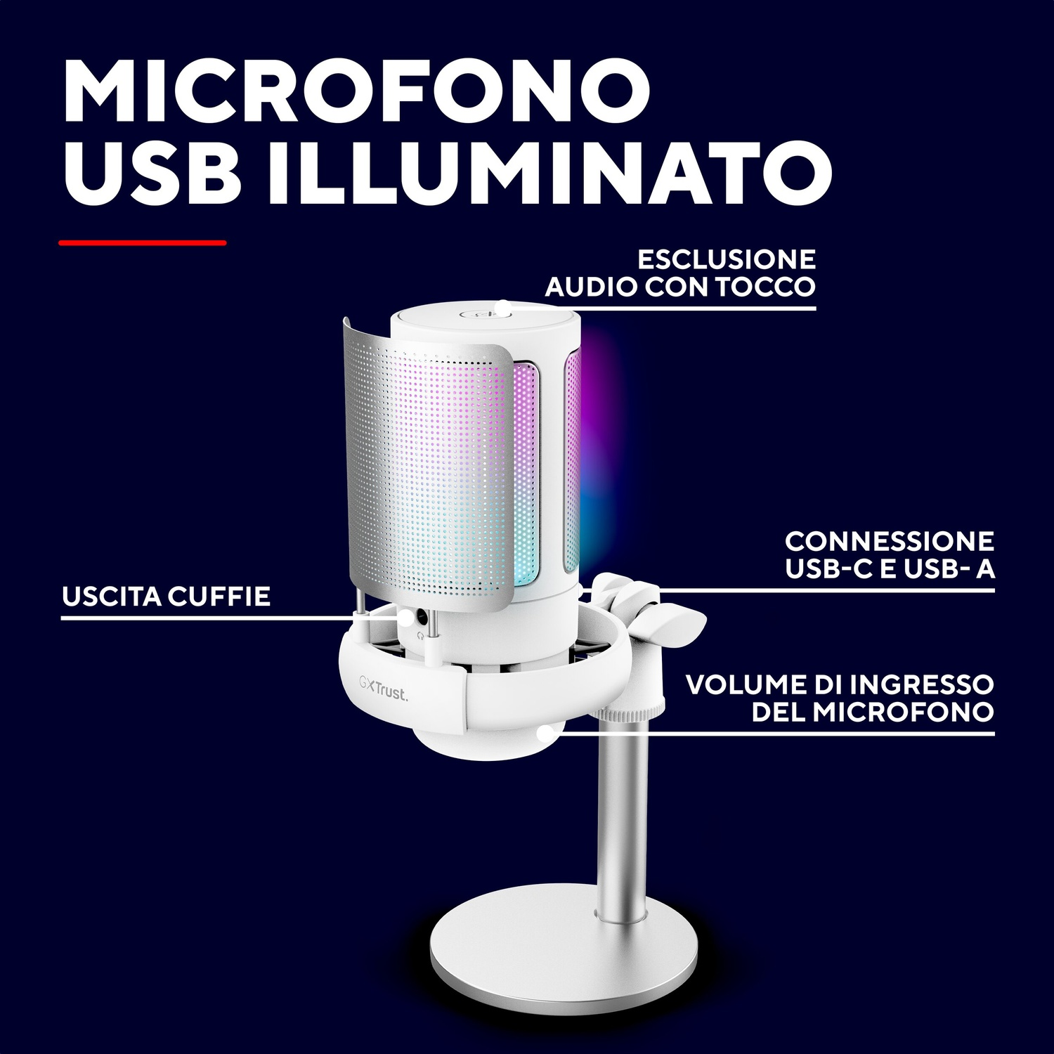 Microfono USB bianco con illuminazione RGB e supporto, con etichette in italiano.