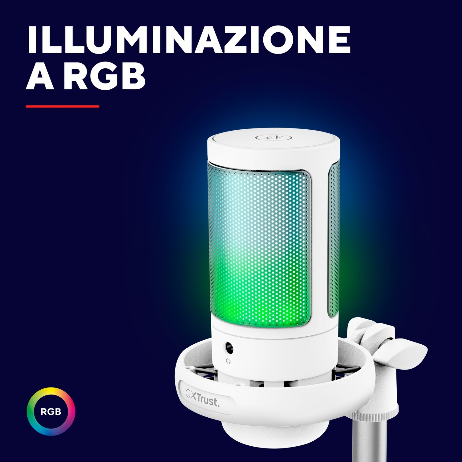 Microfono bianco con illuminazione RGB verde in un supporto su sfondo scuro.