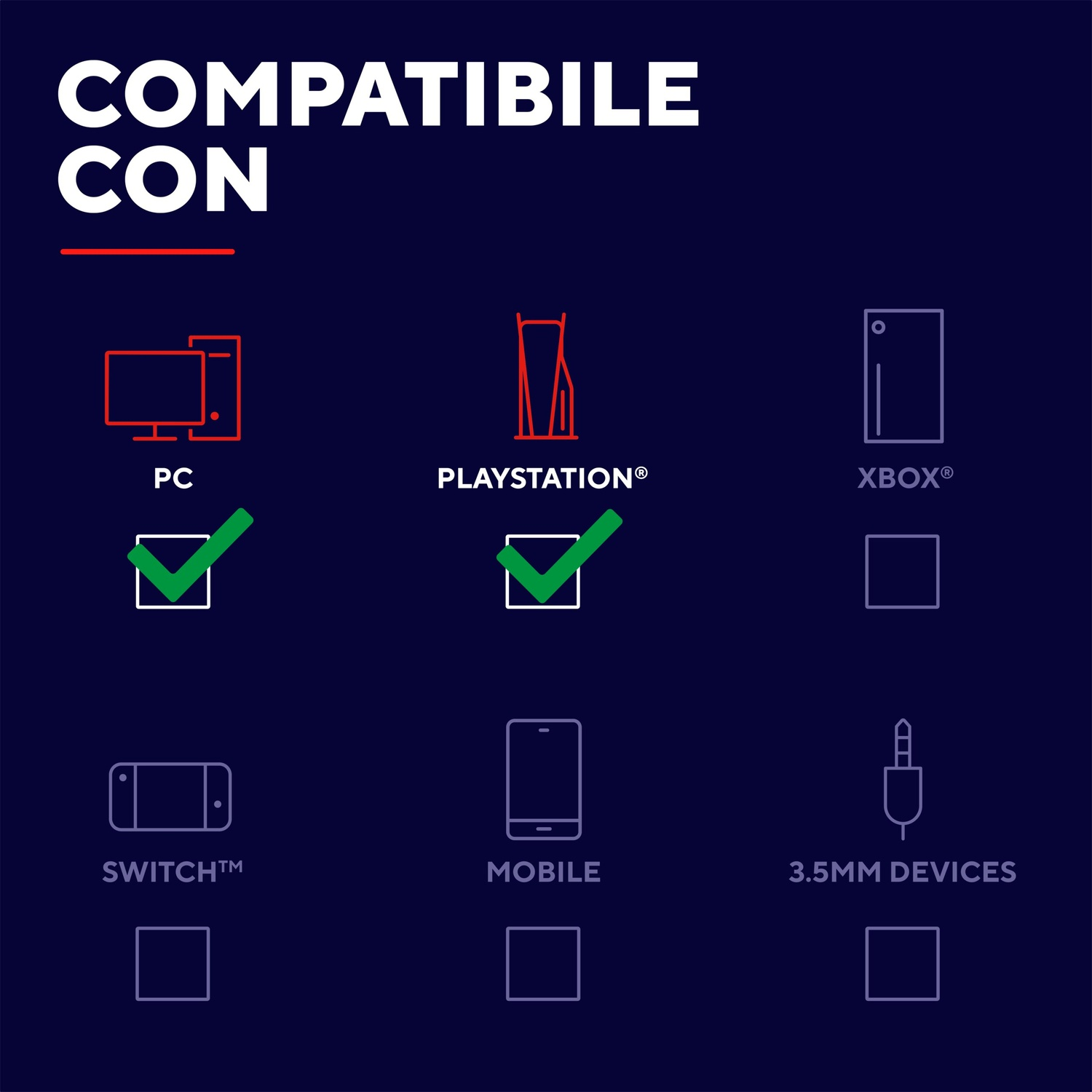 Tabella di compatibilità con icone per PC, Playstation, Xbox, Switch, Mobile e jack 3,5 mm su sfondo blu scuro.