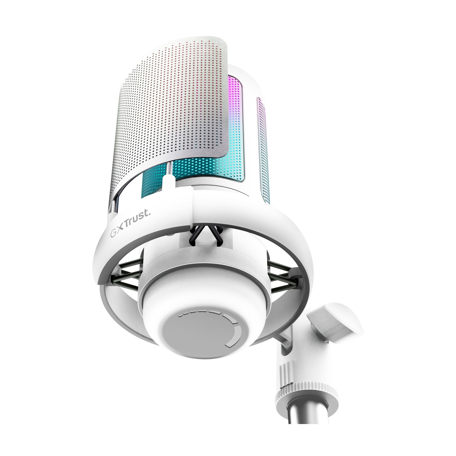 Un microfono USB bianco con illuminazione RGB e filtro pop su un supporto.