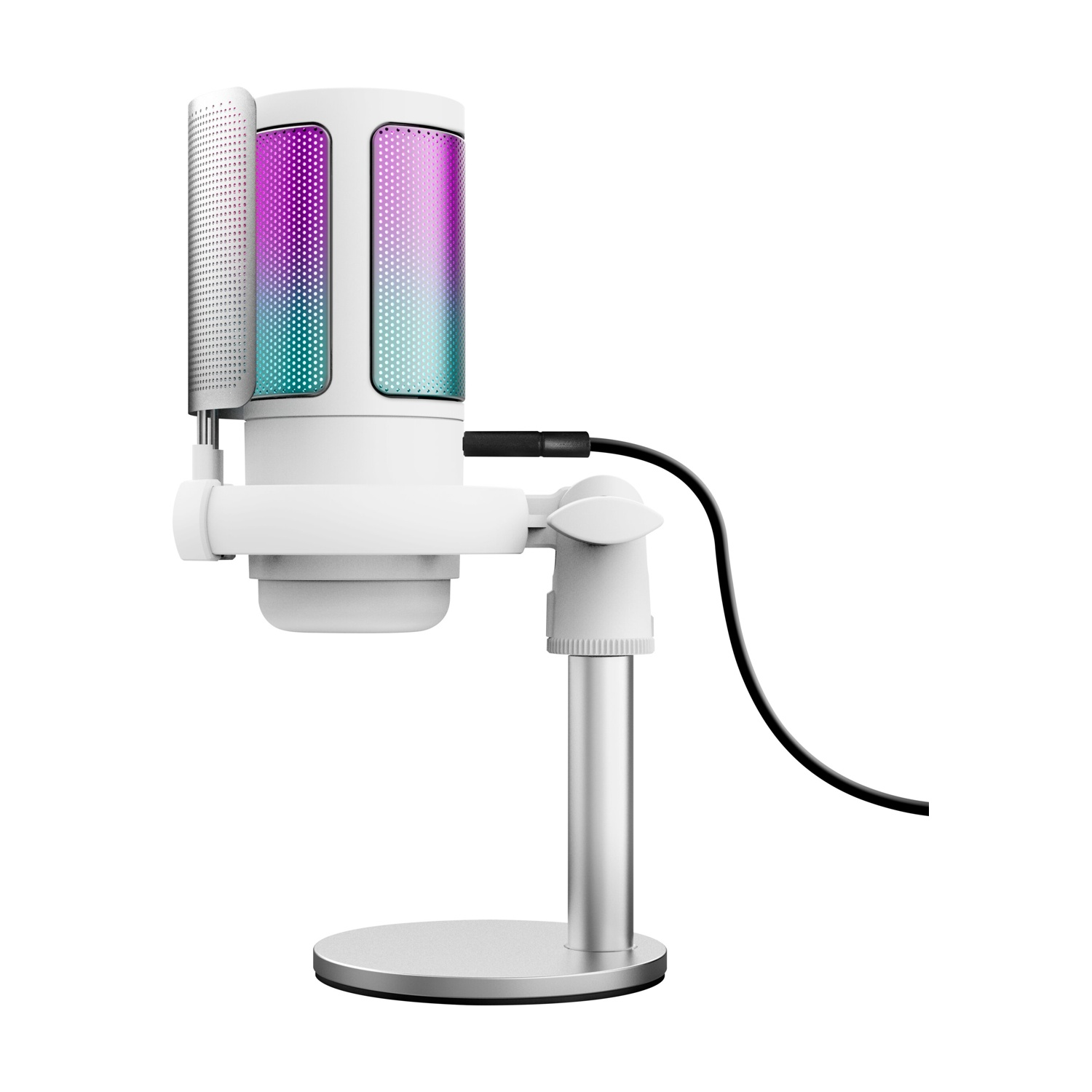 Microfono USB bianco con illuminazione RGB su supporto argento, con cavo collegato.