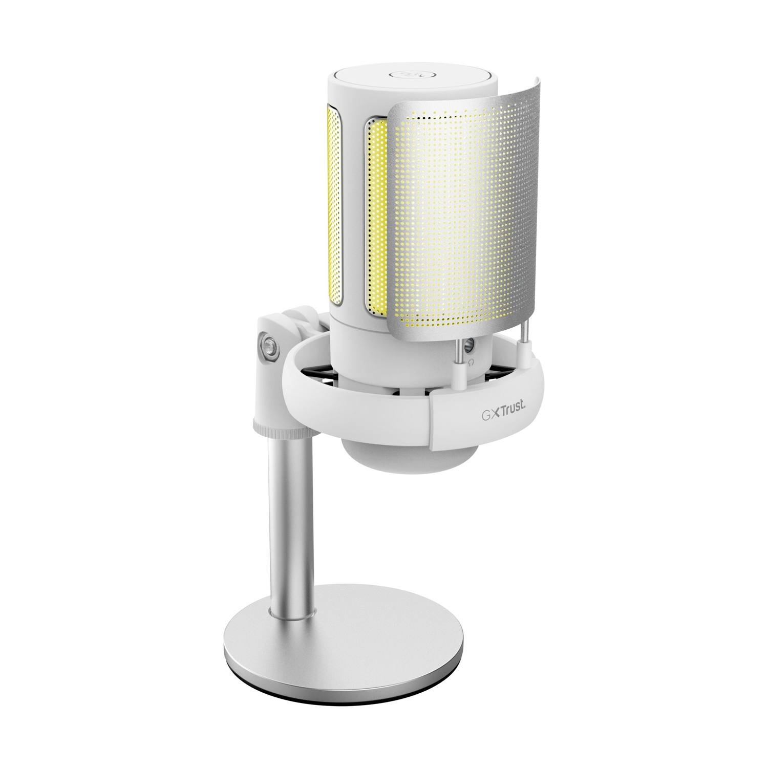 Un microfono USB GXTrust bianco e argento su supporto da tavolo rotondo con filtro pop, su sfondo bianco.