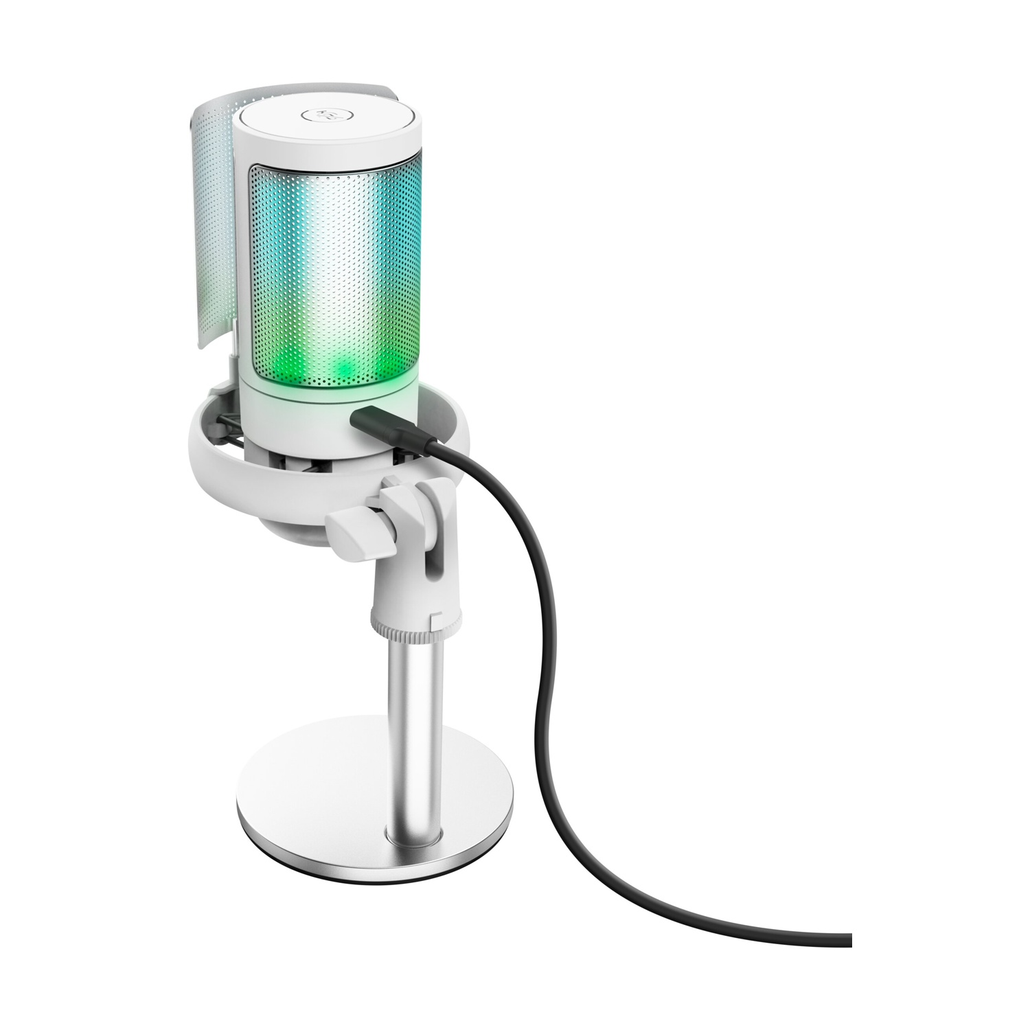 Un microfono USB bianco con illuminazione LED blu e verde su base argentata, con un cavo nero collegato.