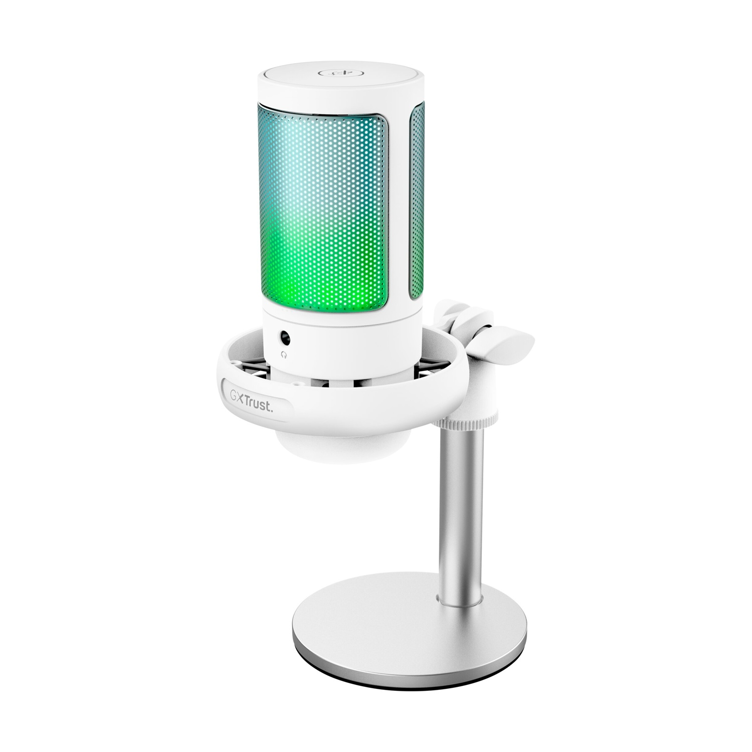 Microfono bianco con illuminazione a LED blu e verde su supporto argento su sfondo bianco.