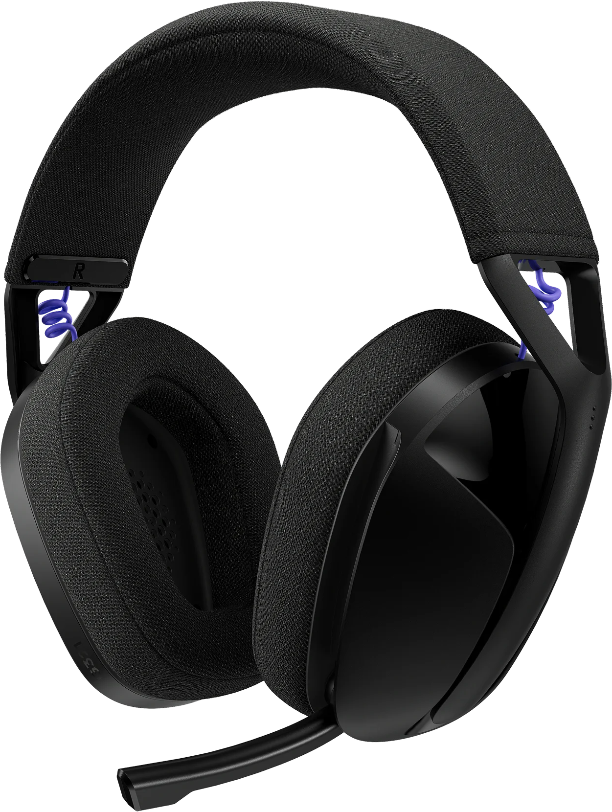 Fekete gamer headset párnázott fejpánttal, puha fülpárnákkal és beépített mikrofonnal fekete háttéren.