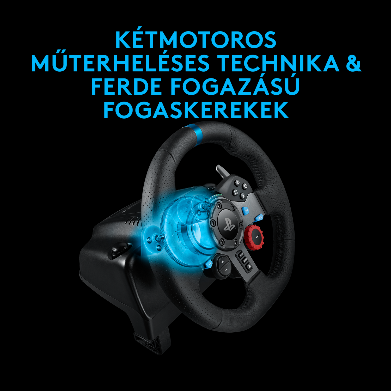 Fekete játékkormány kék világítással a belső fogaskerekeken, felette magyar szöveggel.