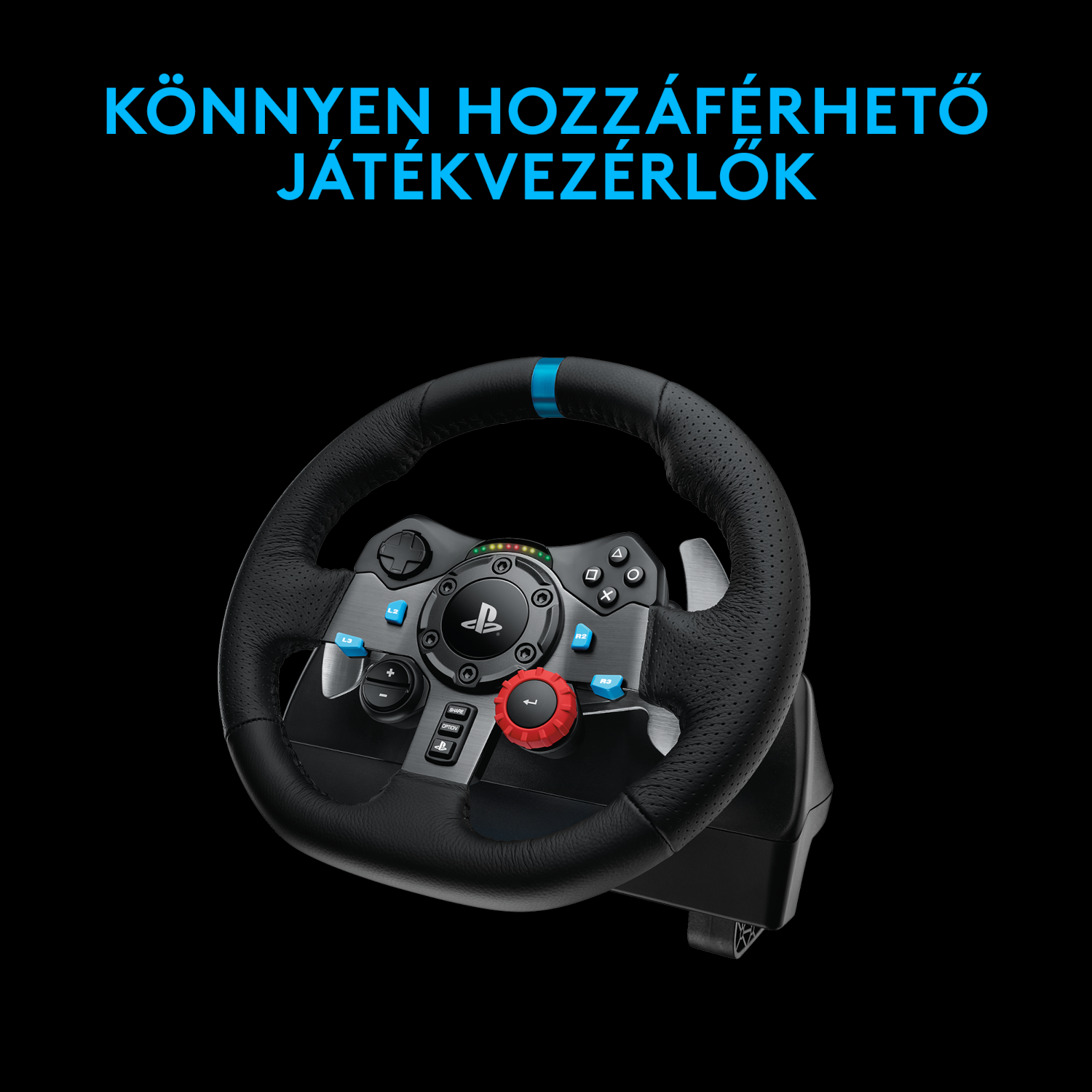 Fekete versenykormány kék részletekkel és magyar felirattal fekete háttér előtt.