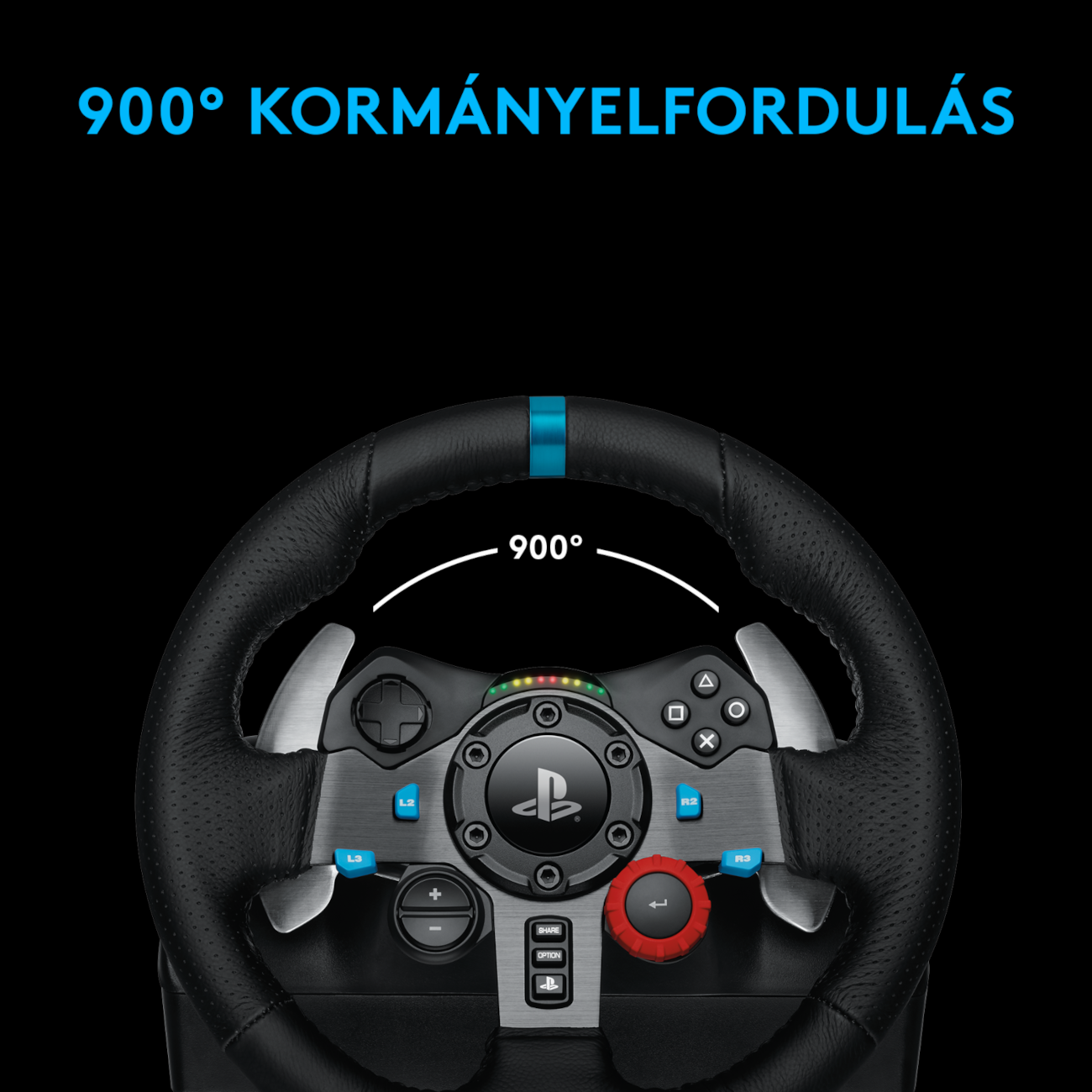 PlayStation kormánykerék 900 fokos elfordulással, kék és piros gombokkal fekete háttér előtt.