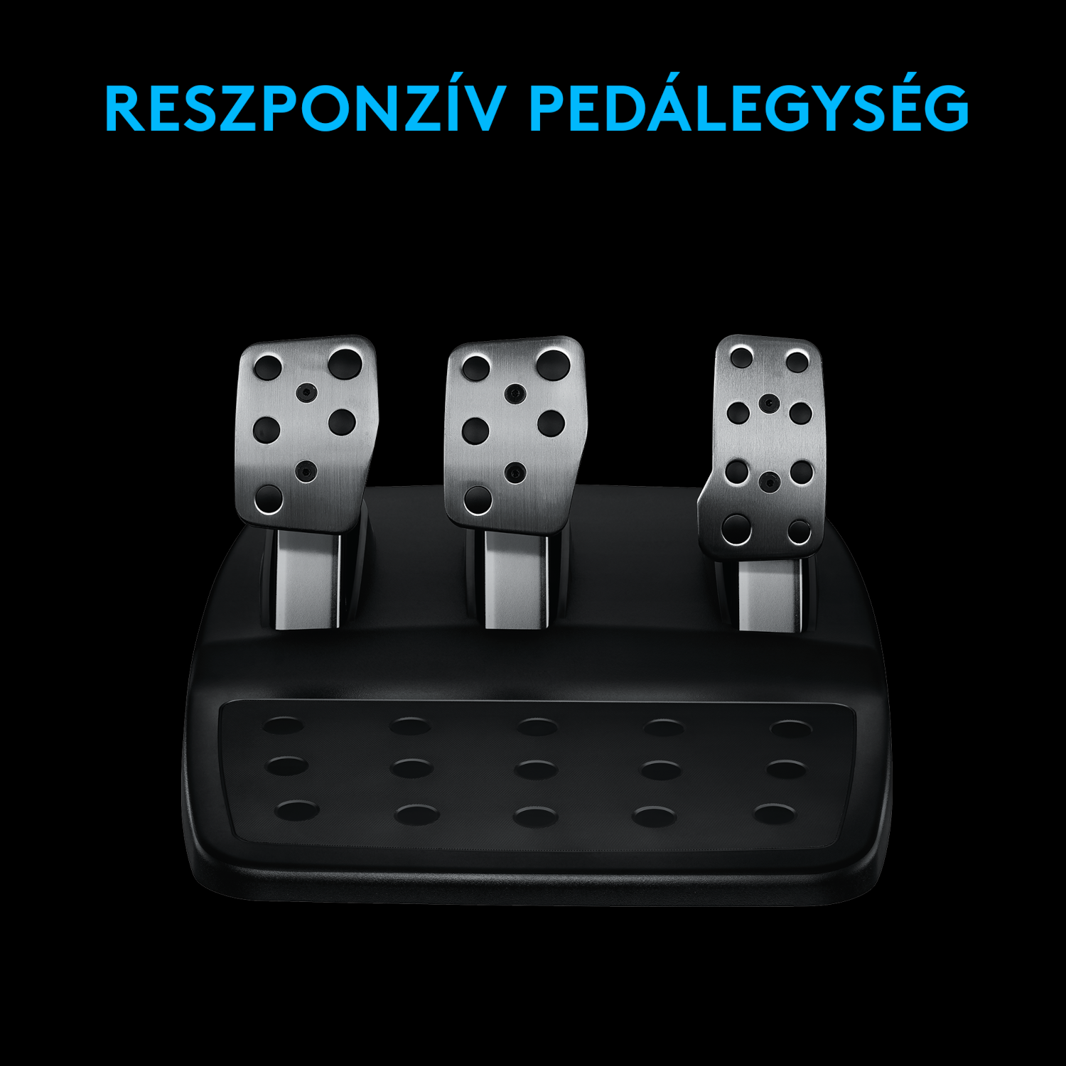 Fekete verseny pedálegység három ezüst pedállal sötét háttérben, felül magyar felirattal.