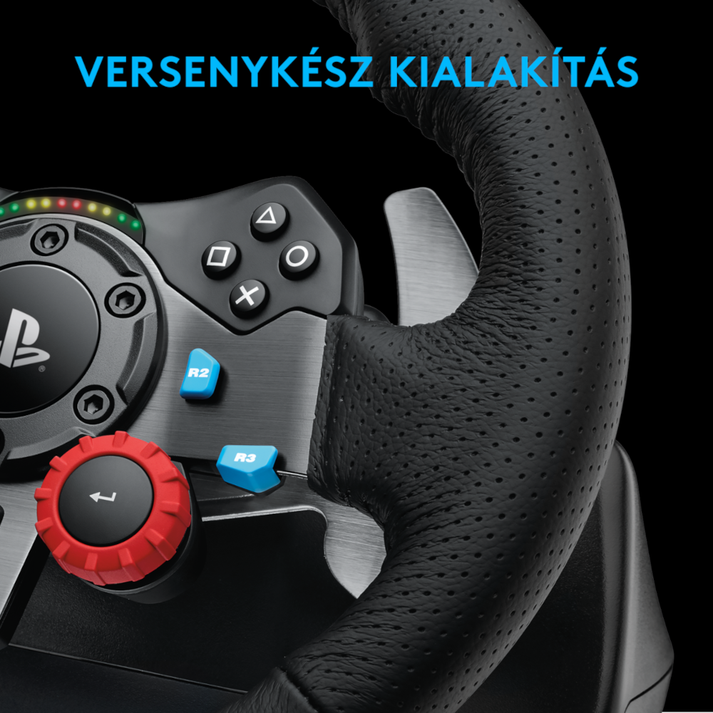 Fekete PlayStation versenykormány gombokkal, piros tárcsával és kék R2/R3 gombokkal.
