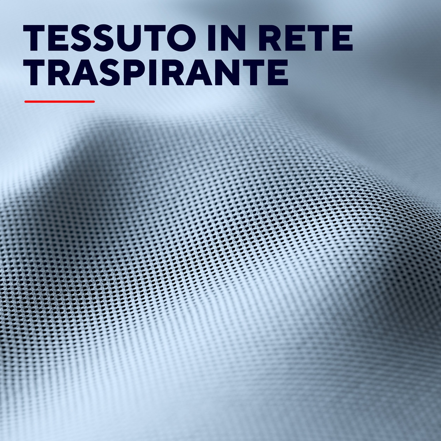 Primo piano di tessuto in rete traspirante blu con testo.
