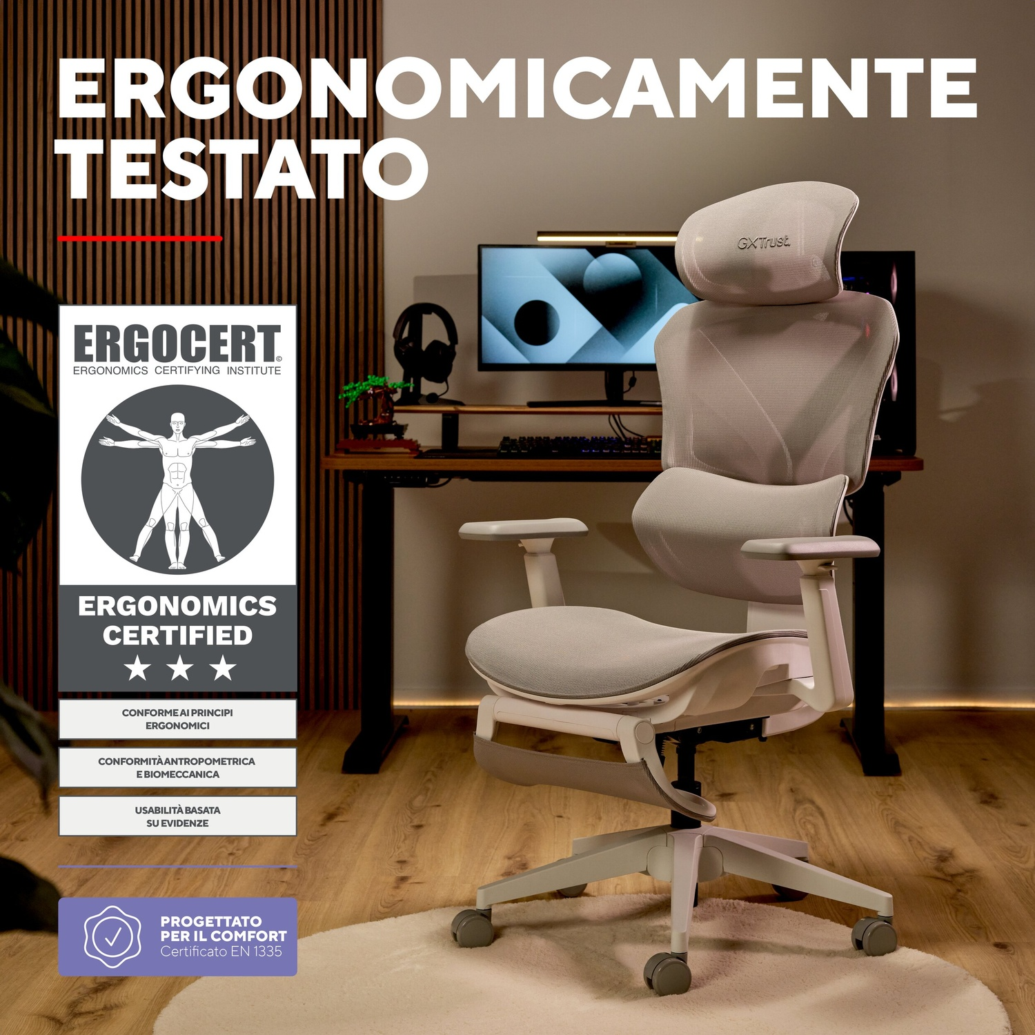 Sedia da ufficcio bianca ergonomica con poggiatesta e poggiapiedi su un tappeto in una stanza moderna.