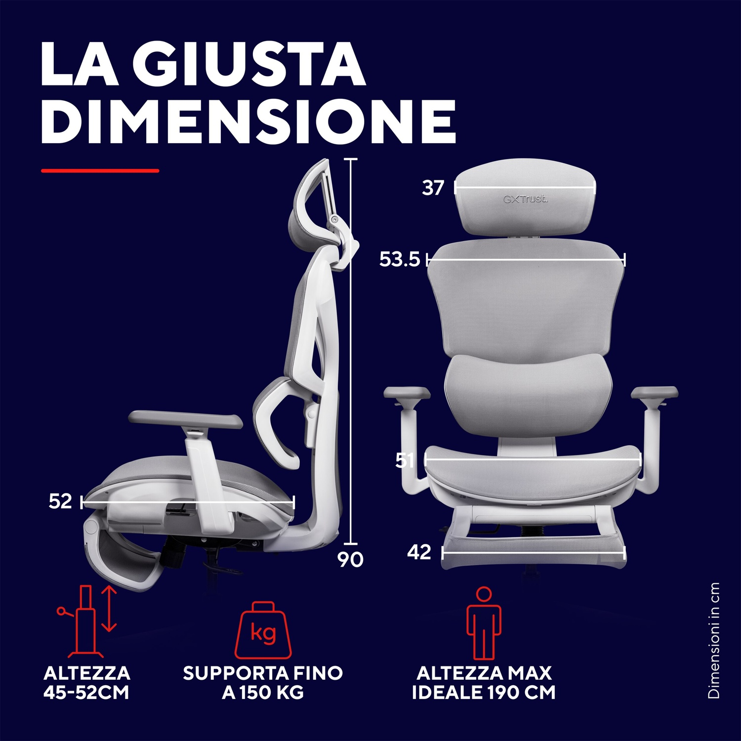 Vista laterale e frontale di una sedia ergonomica bianca su sfondo blu con specifiche di dimensioni e peso.