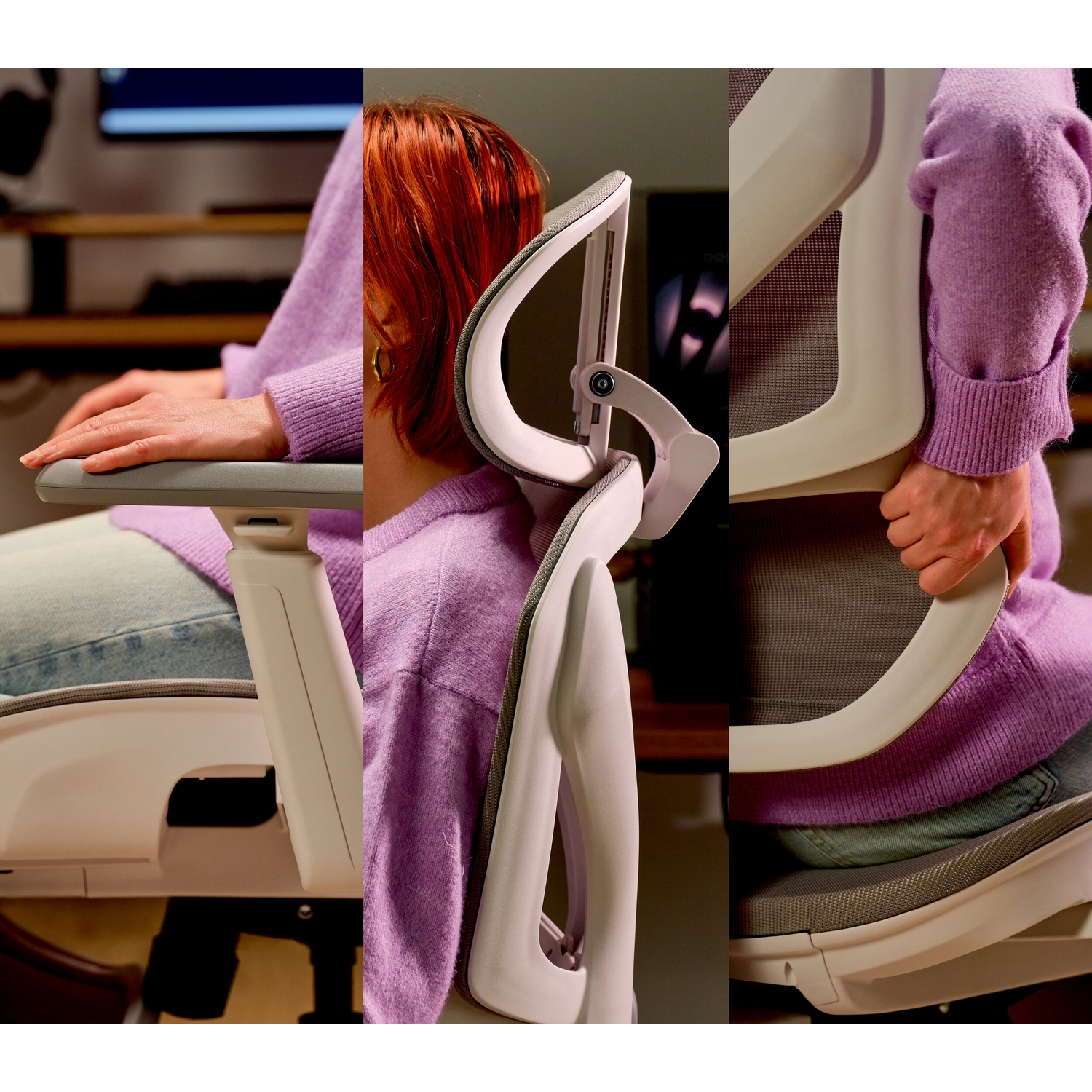 Persona in maglione viola su sedia da ufficio ergonomica, con bracciolo, poggiatesta e supporto lombare.