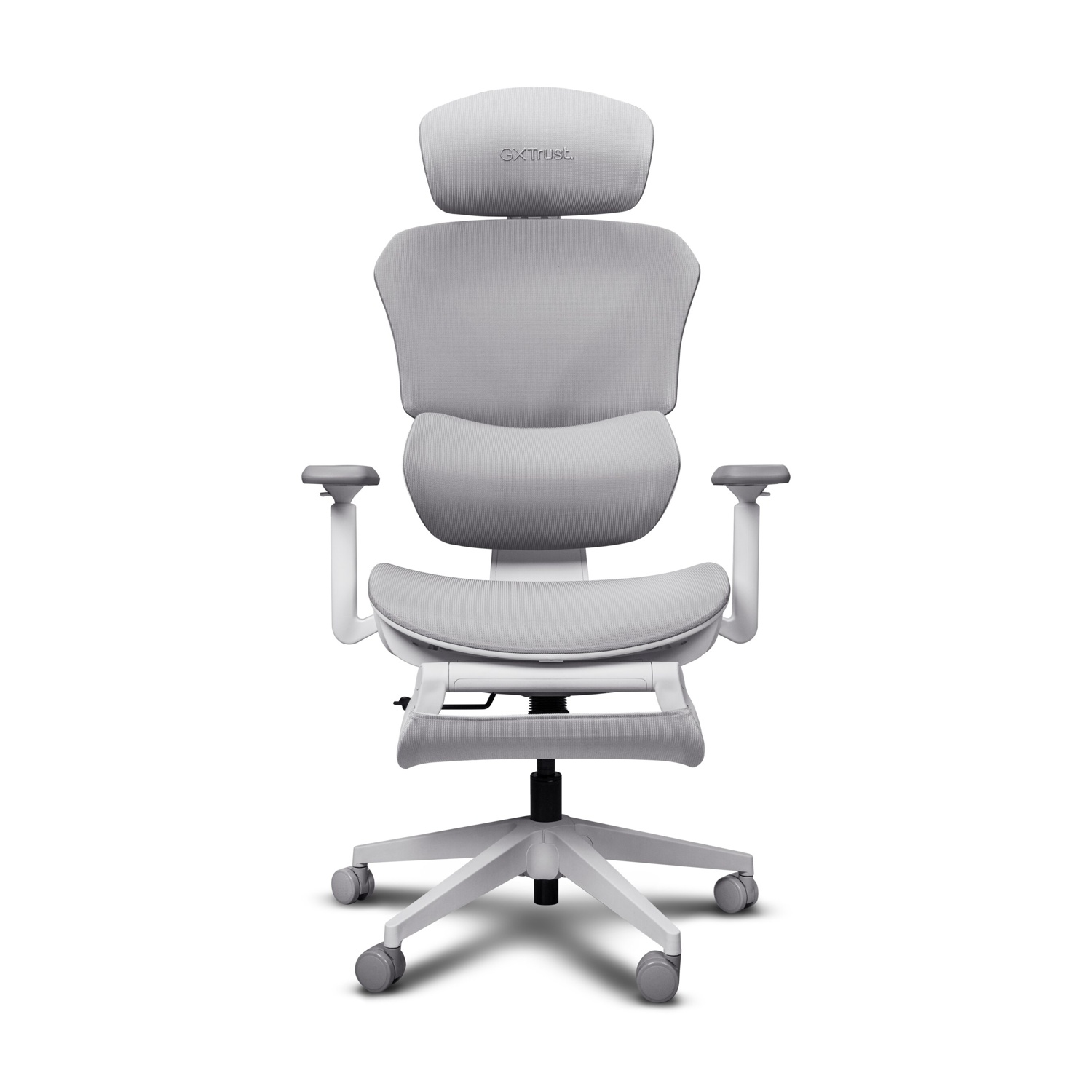 Sedia da ufficio grigia ergonomica con poggiatesta, braccioli regolabili e base bianca.
