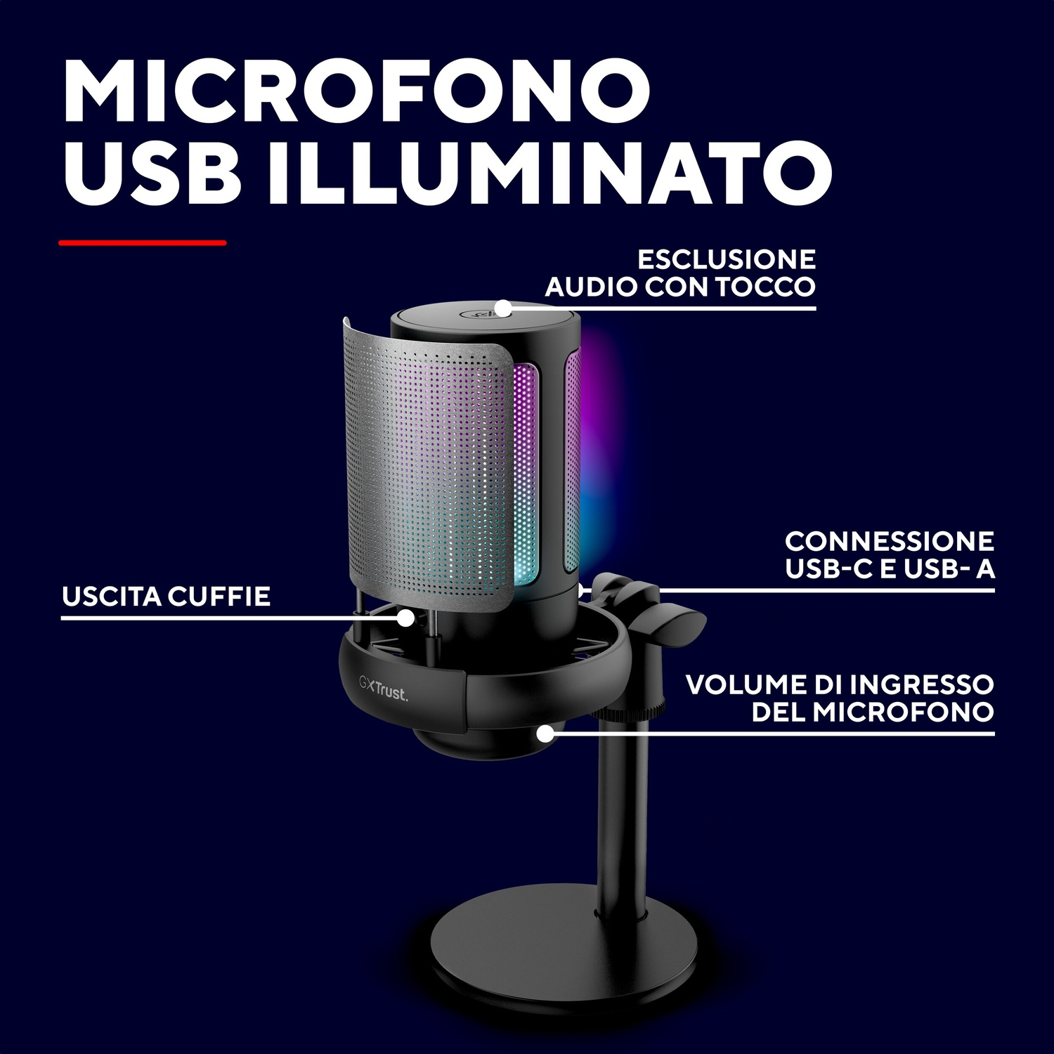 Microfono USB illuminato su supporto con tasto muto touch, uscita cuffie, connessione USB e controllo volume.