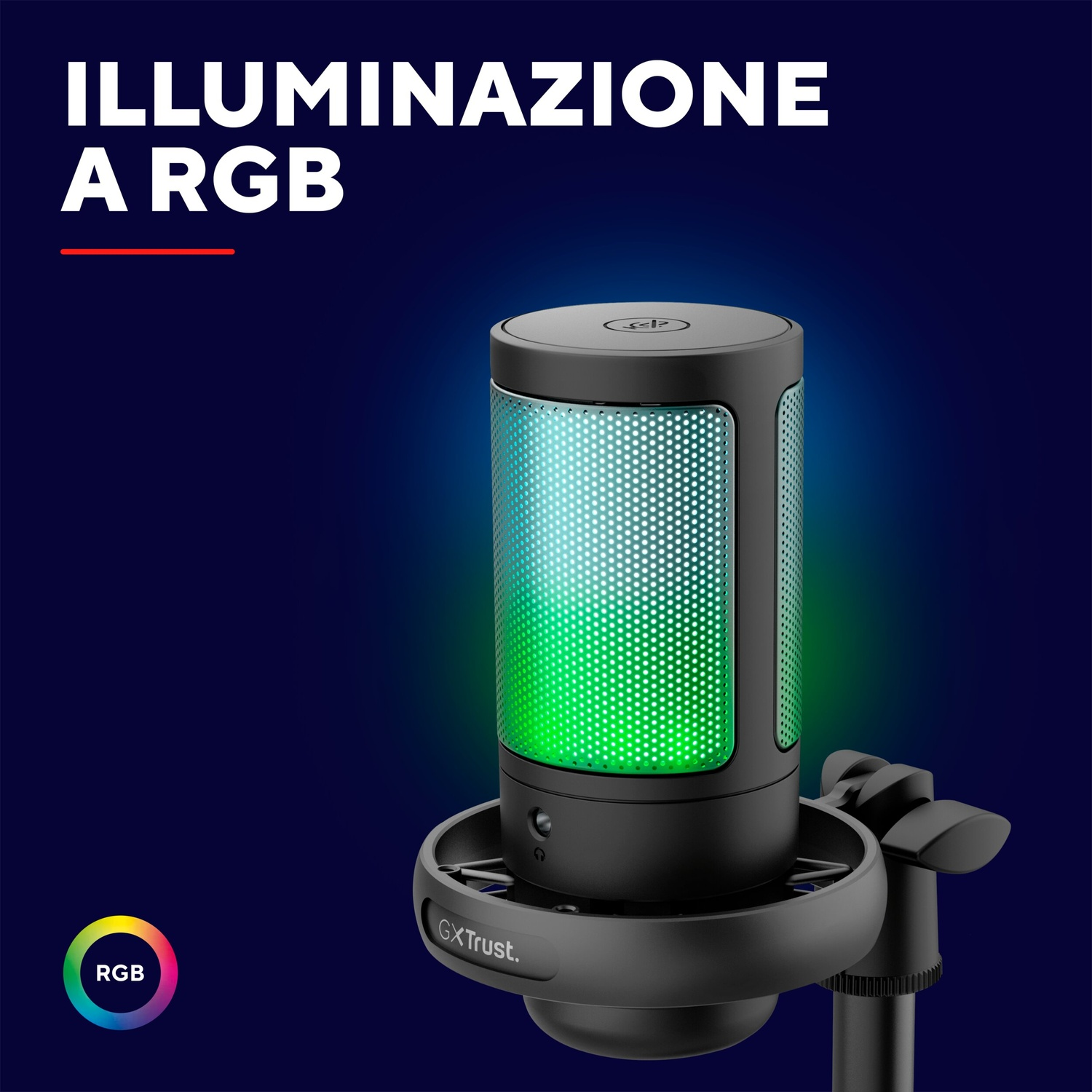 Un microfono nero con illuminazione RGB verde su supporto e sfondo blu.
