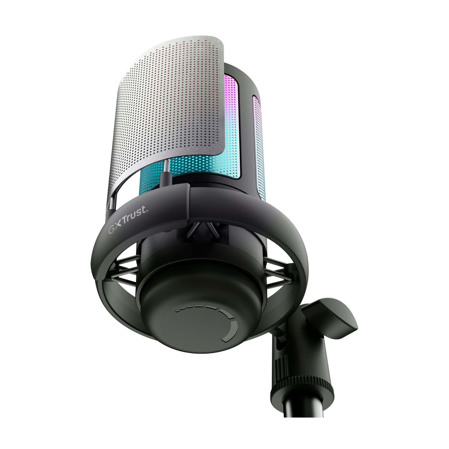 Microfono GXT nero con illuminazione RGB colorata e filtro pop su sfondo bianco.