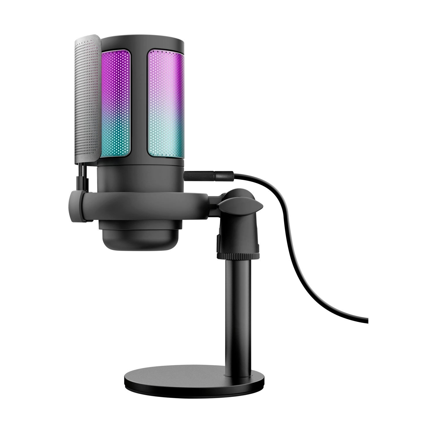 Un microfono streaming nero su supporto da scrivania, con illuminazione RGB viola e blu e filtro pop.