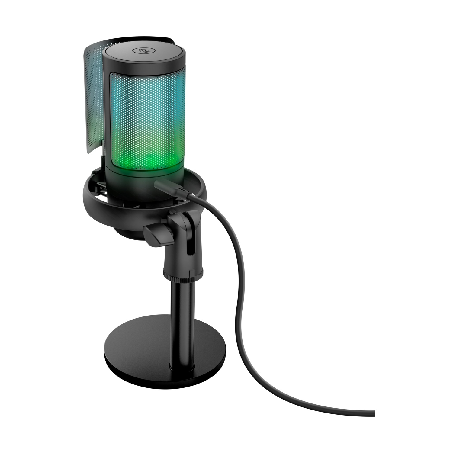 Un microfono nero con luce RGB blu e verde su supporto con cavo collegato su sfondo bianco.