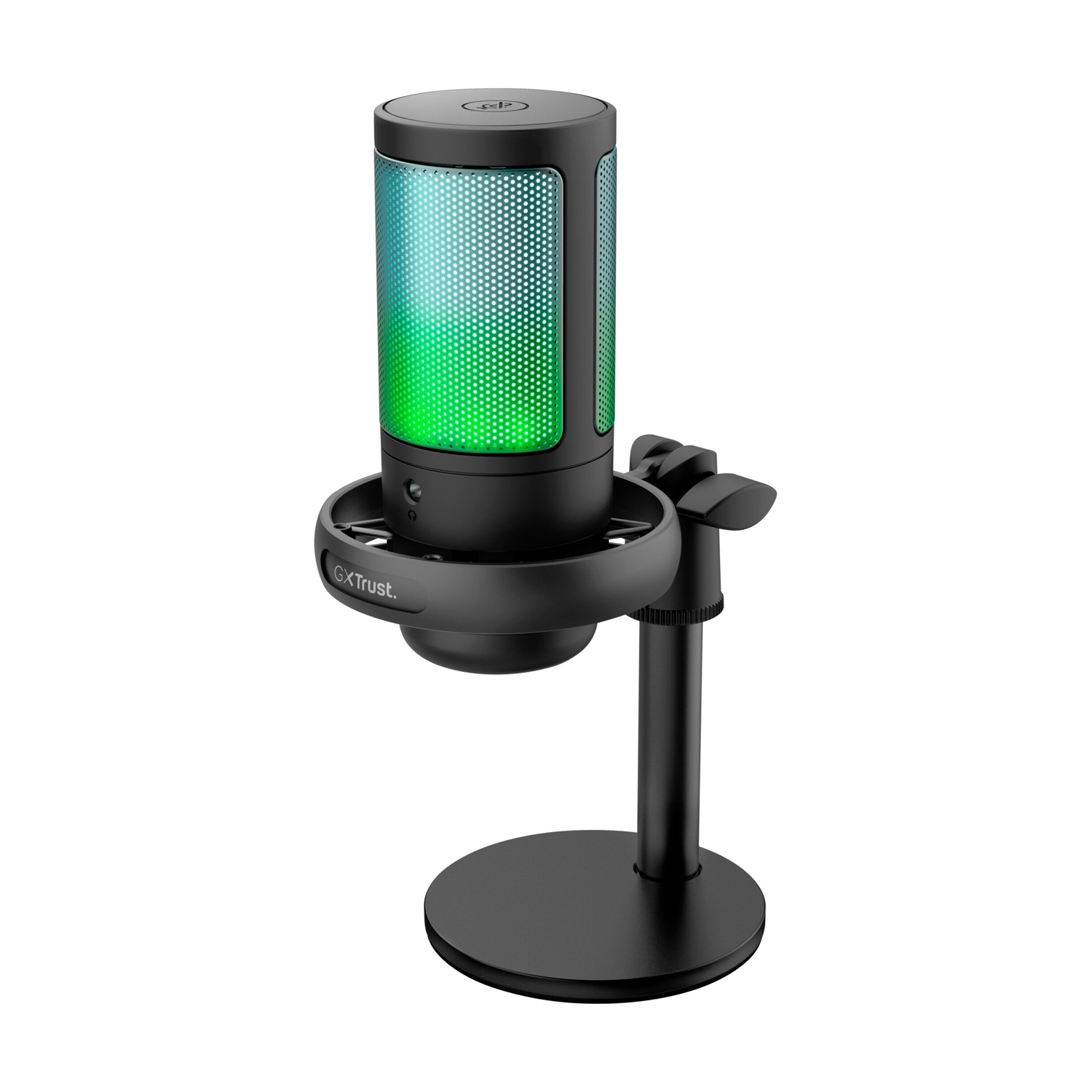 Microfono Trust nero con griglia luminosa blu-verde su supporto a sfondo bianco.