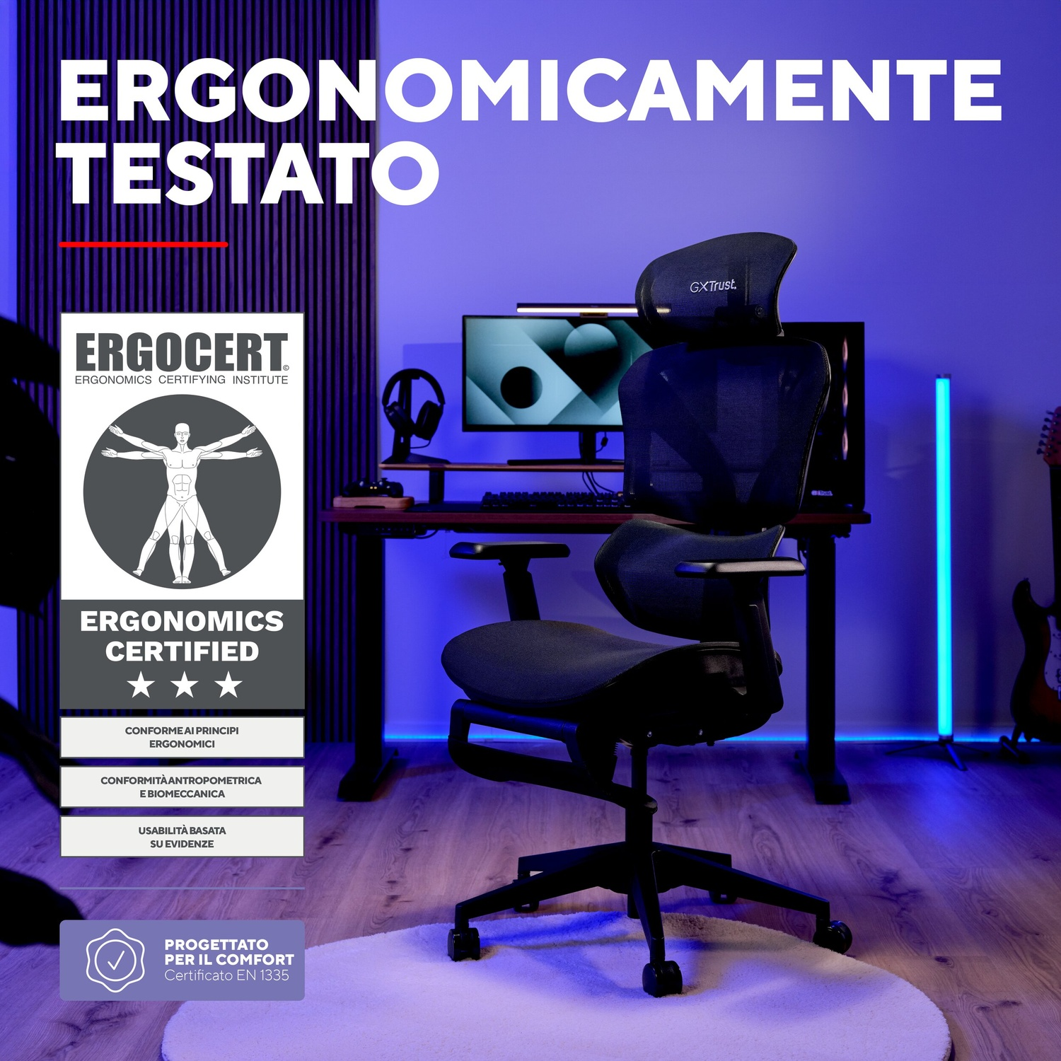 Sedia da ufficio nera ergonomica in una moderna stanza da gioco con illuminazione blu.