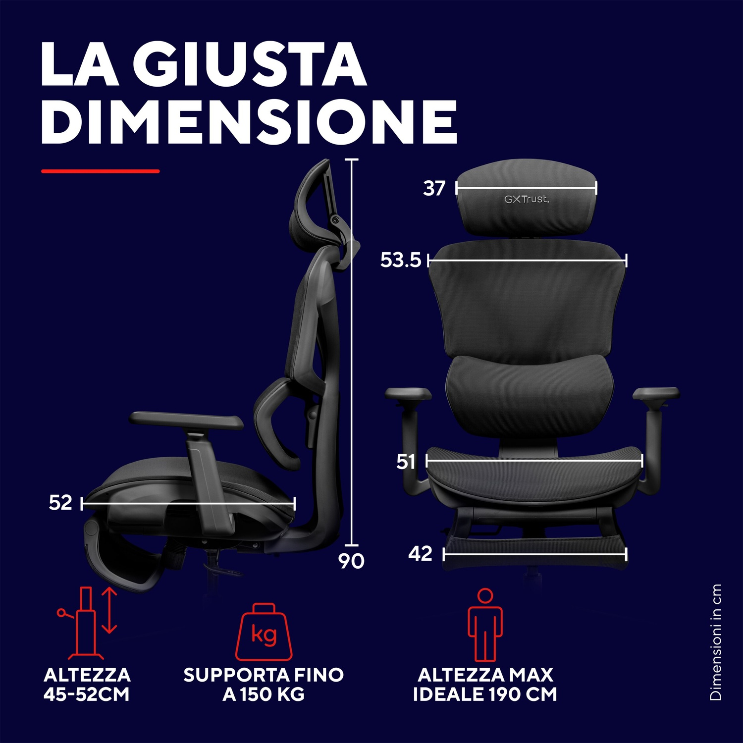 Schema delle dimensioni di una sedia nera ergonomica con testo bianco su sfondo blu.