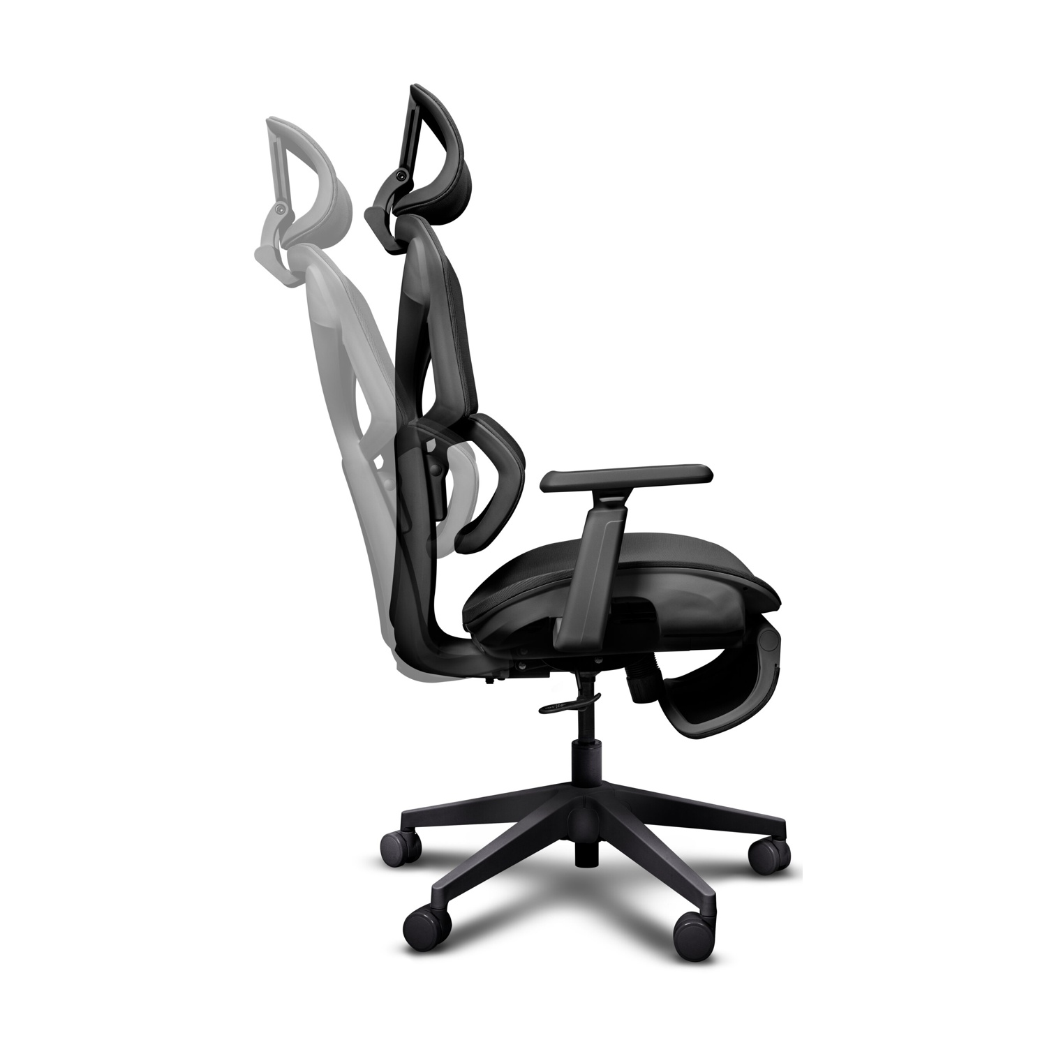 Vista laterale di una sedia da ufficio ergonomica nera con schienale reclinabile regolabile su sfondo bianco.