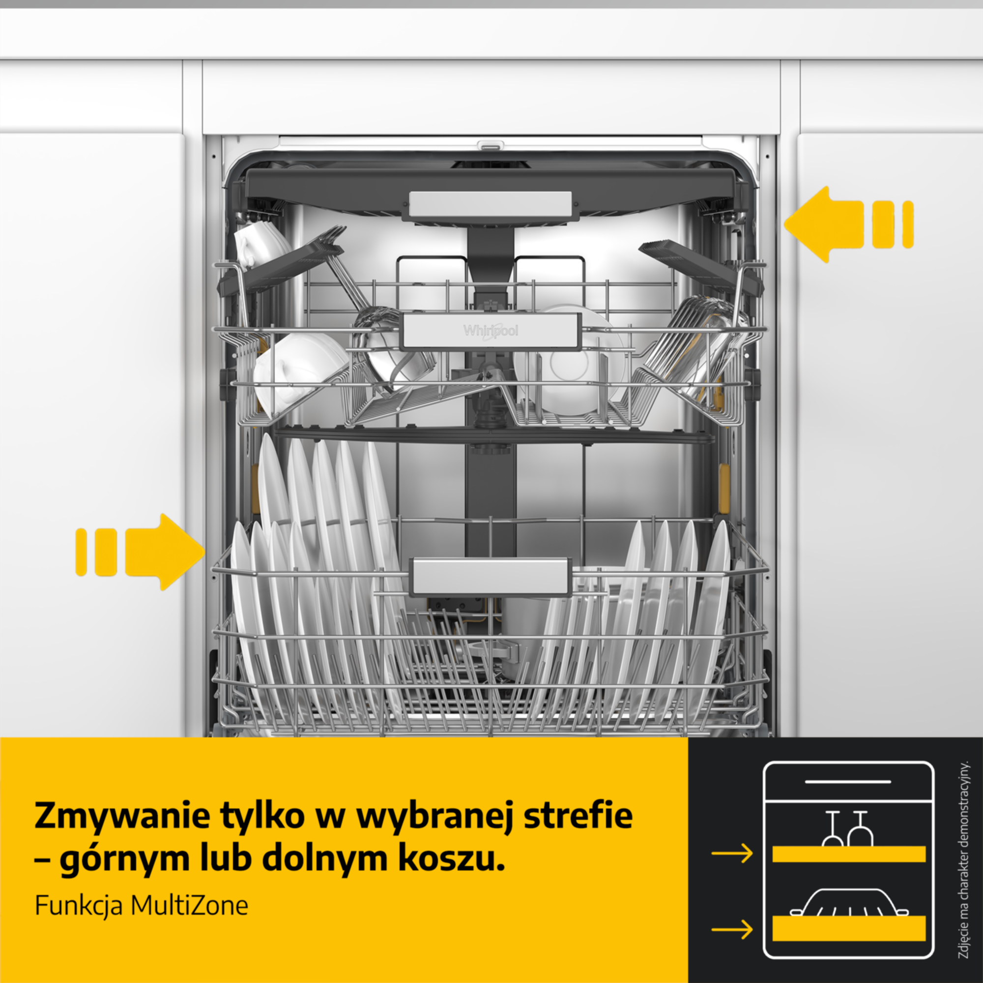 Otwarta zmywarka z naczyniami, żółty baner z polskim tekstem i diagramem funkcji MultiZone.