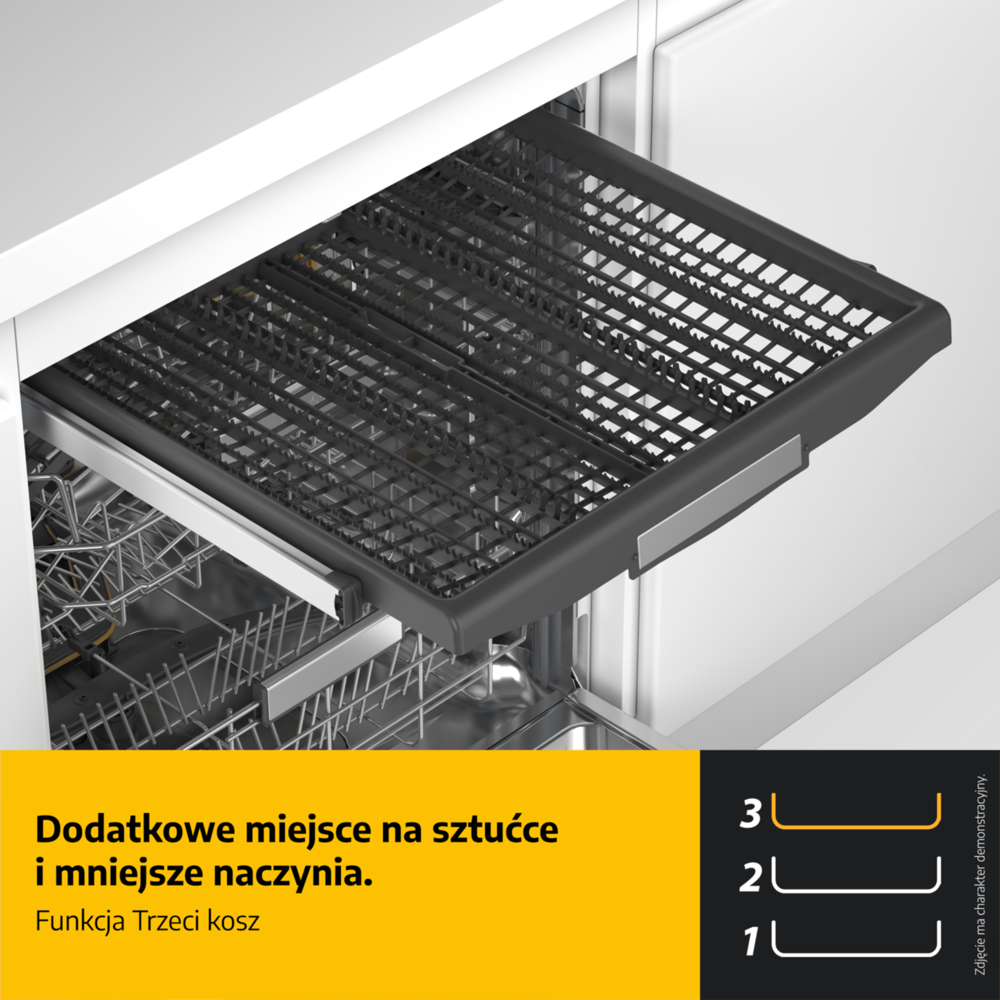 Zmywarka z wysuniętą czarną szufladą na sztućce u góry i widocznymi koszami wewnątrz.