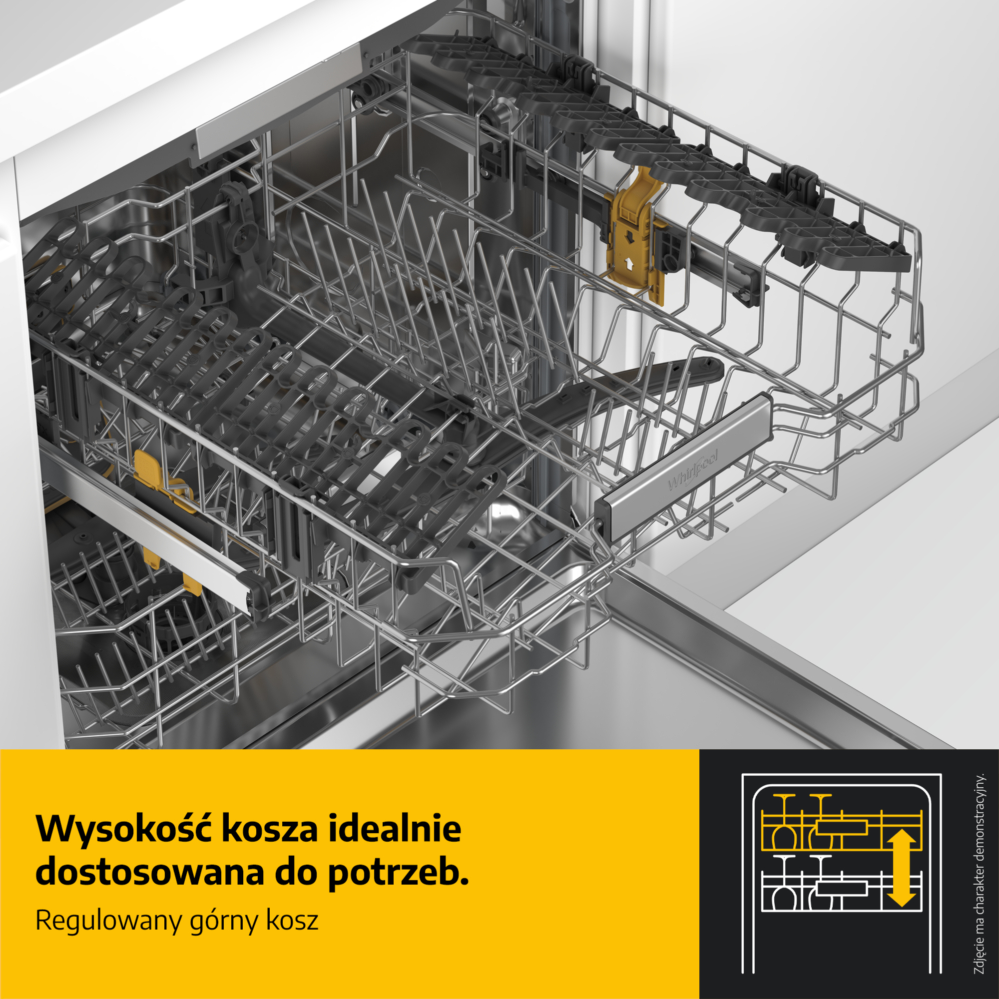 Otwarta zmywarka z regulowanym górnym koszem, na dole żółto-czarny napis.