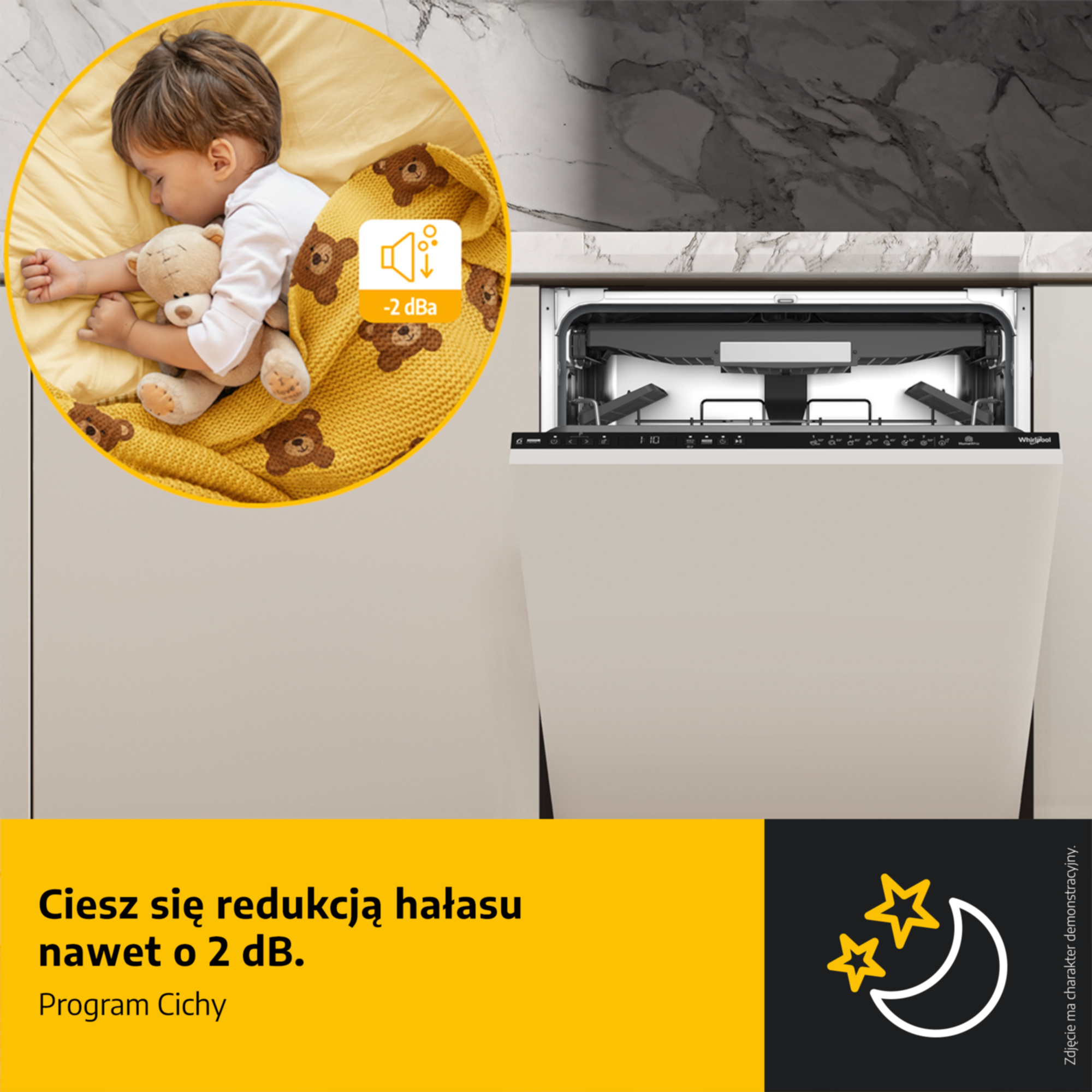 Dziecko śpi spokojnie obok otwartej zmywarki i ikony redukcji hałasu.