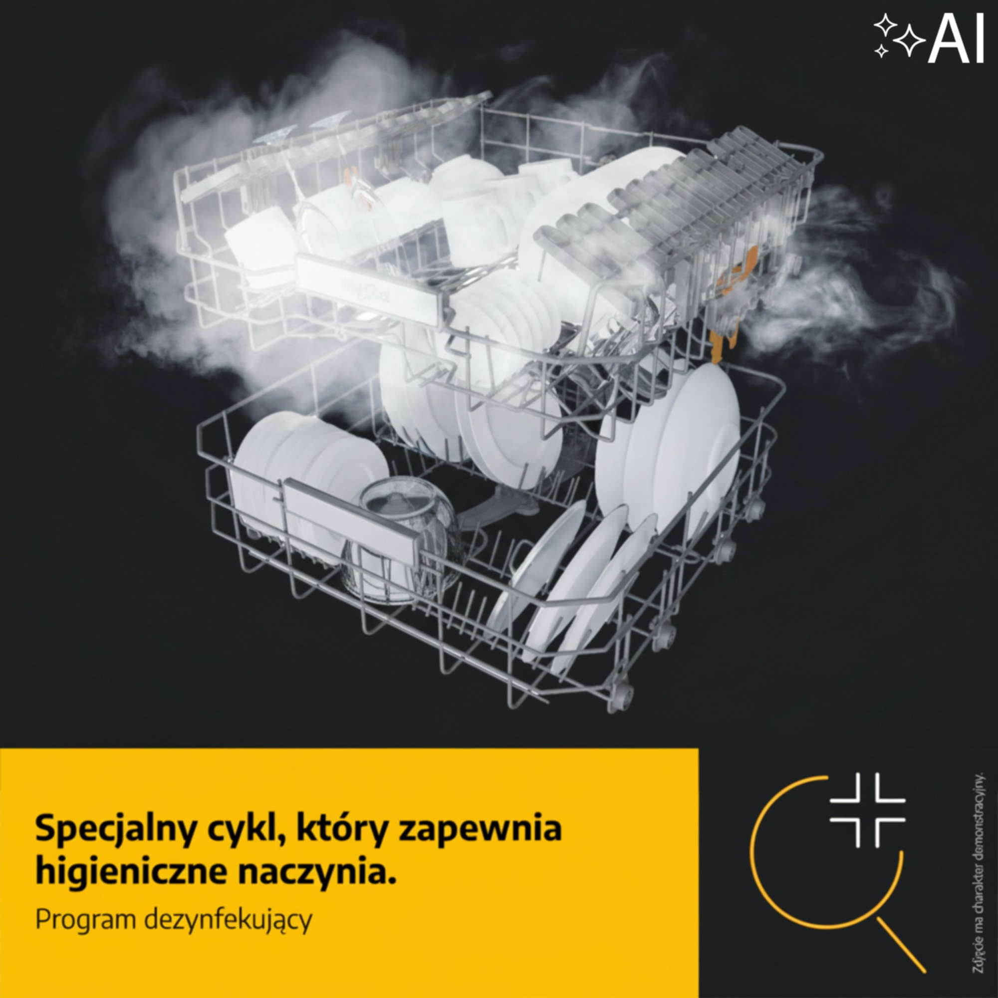 Kosz na naczynia w zmywarce z parą oraz żółtym banerem z tekstem.