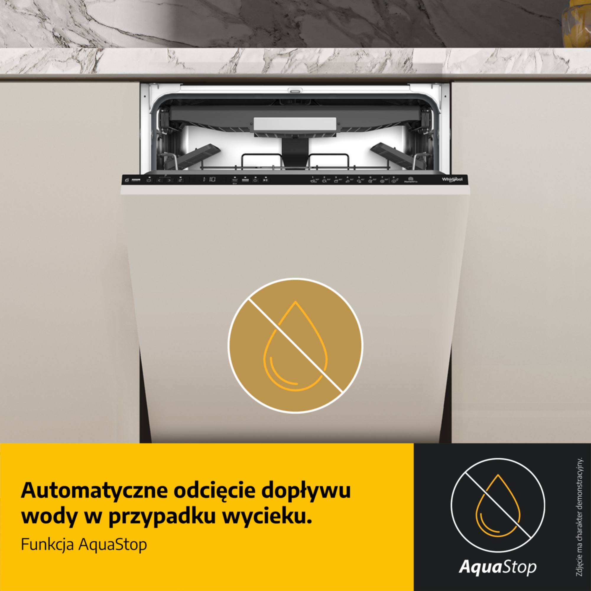 Zmywarka do zabudowy z otwartymi drzwiami, białym frontem i ikoną AquaStop.