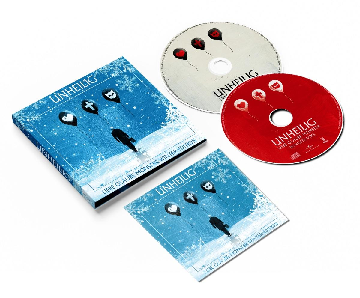 CD-Set von Unheilig mit blauer Winter-Edition und CDs in weiß und rot mit Ballongrafiken.