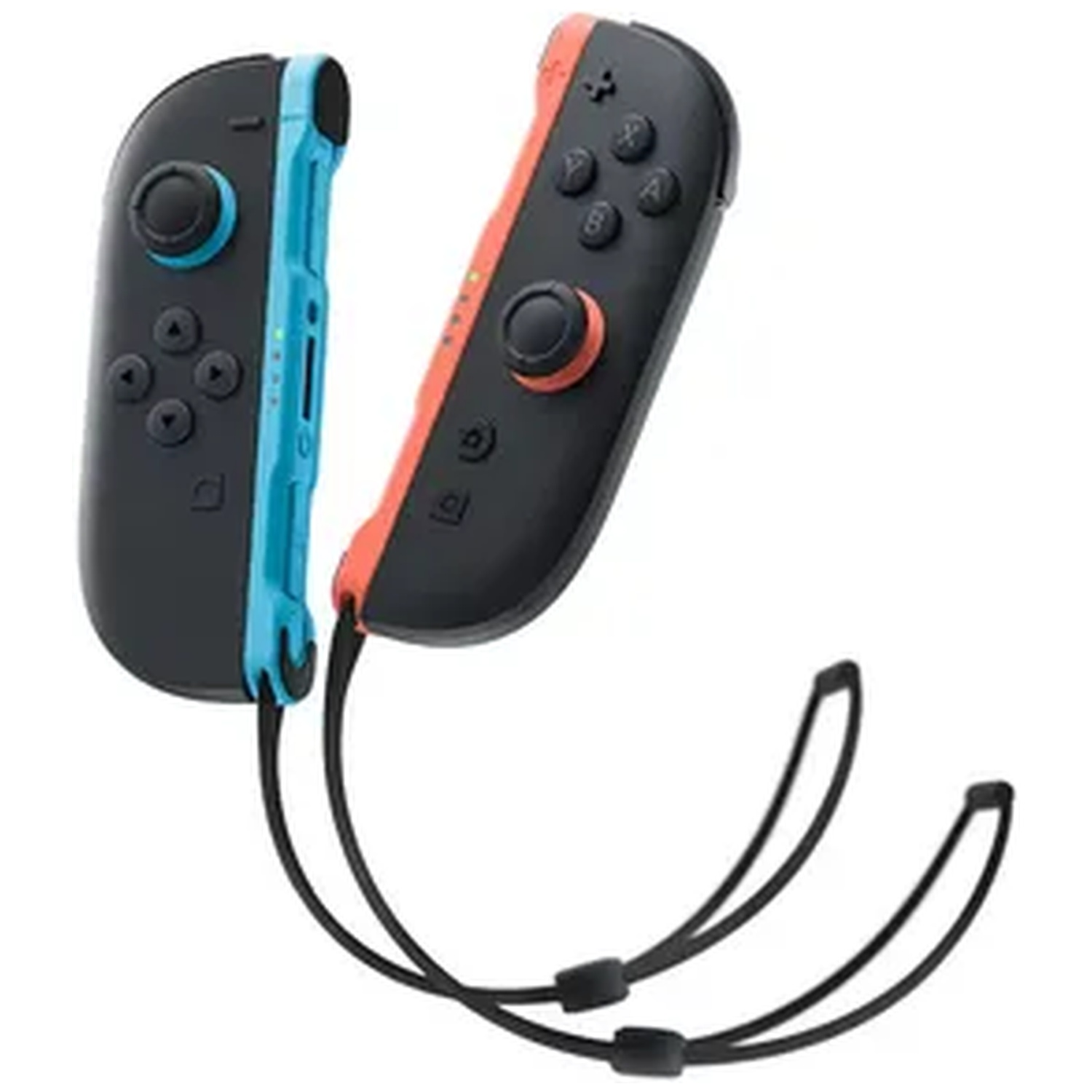 Two black Nintendo Switch Joy-Con controllers with blue and red accents, featuring black wrist straps.