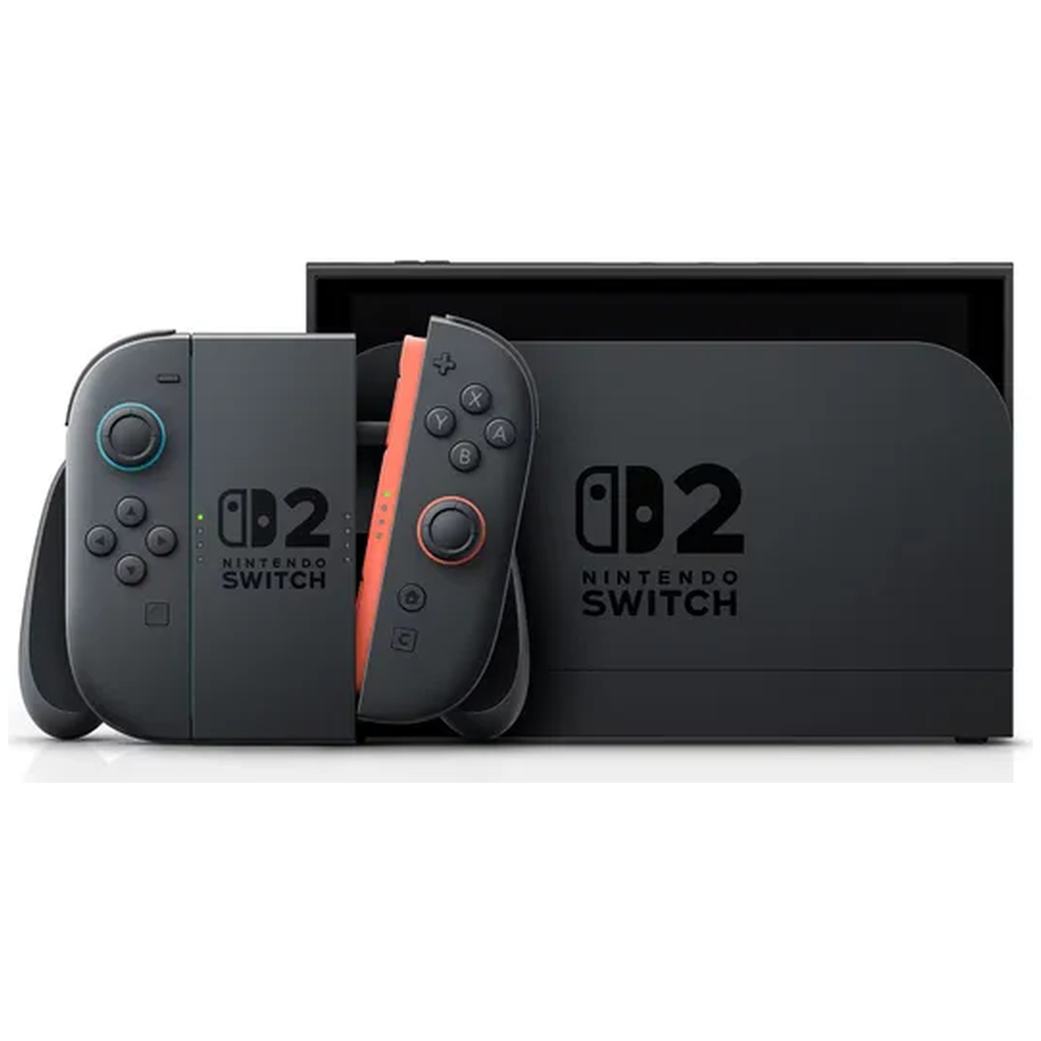 Black Nintendo Switch 2 console with Joy-Con controllers on a white background.