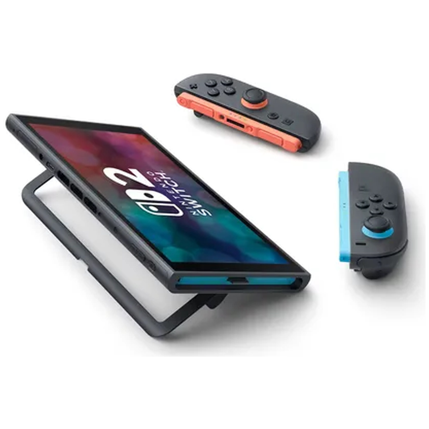 A portable Nintendo Switch console with its stand extended and two detached Joy-Con controllers.
