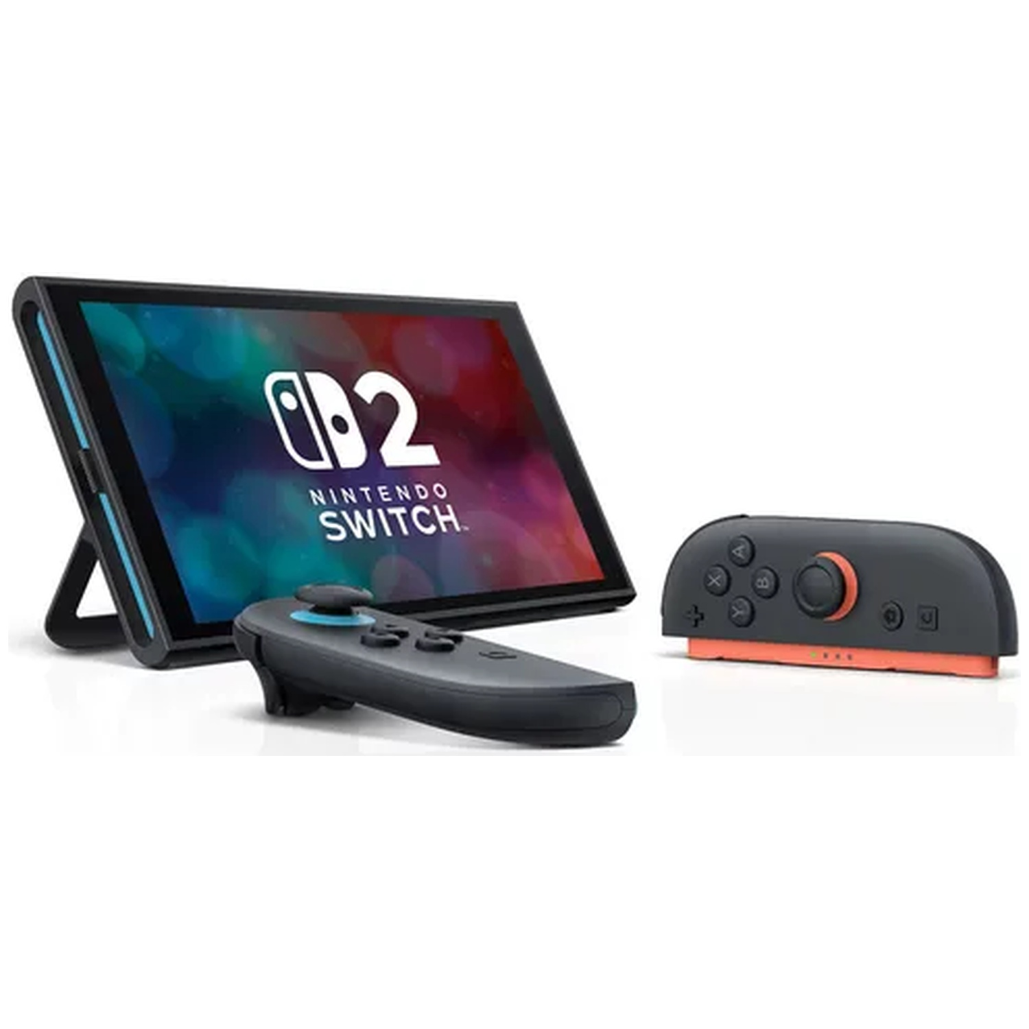 Nintendo Switch 2 console with a kickstand and two black Joy-Con controllers against a white background.