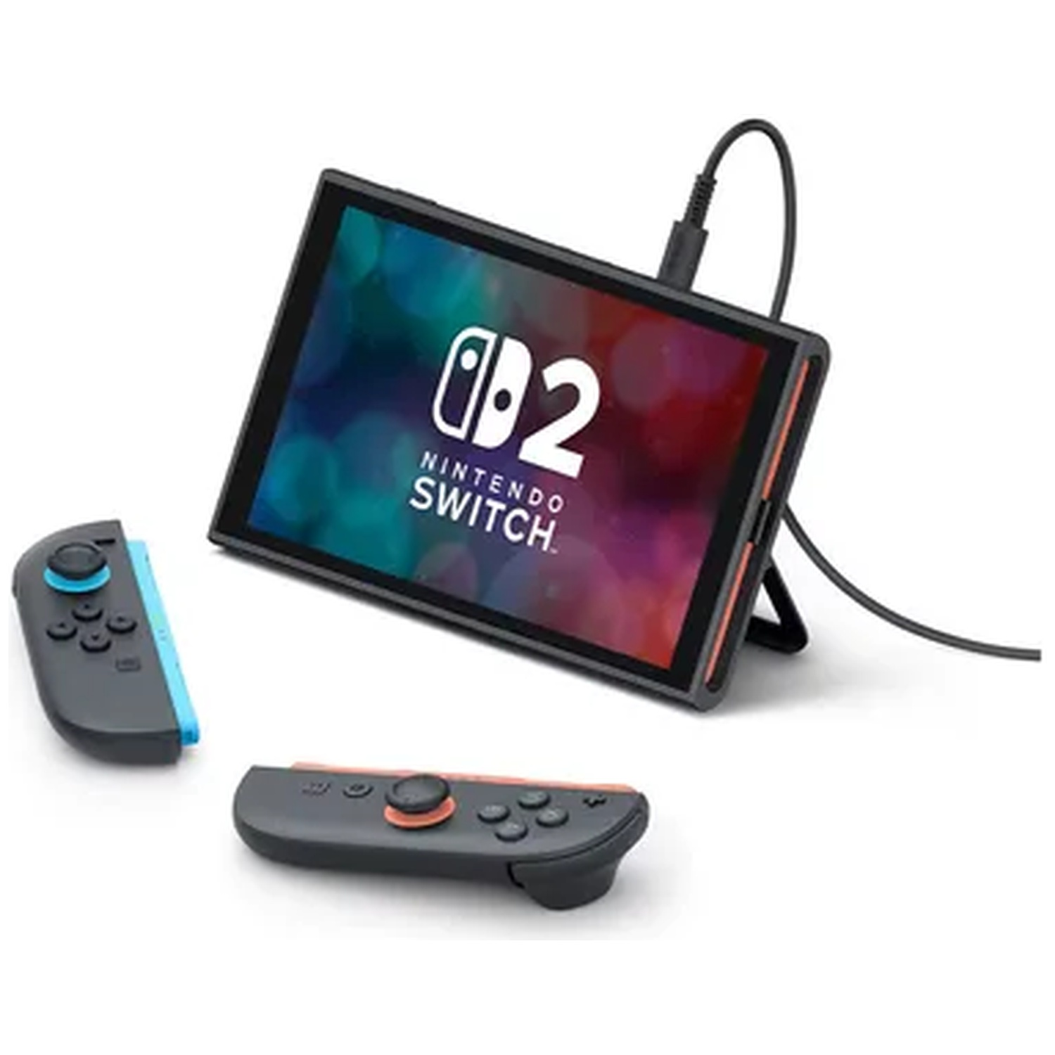 A Nintendo Switch 2 console with two detachable controllers on a white background, with a charging cable attached.