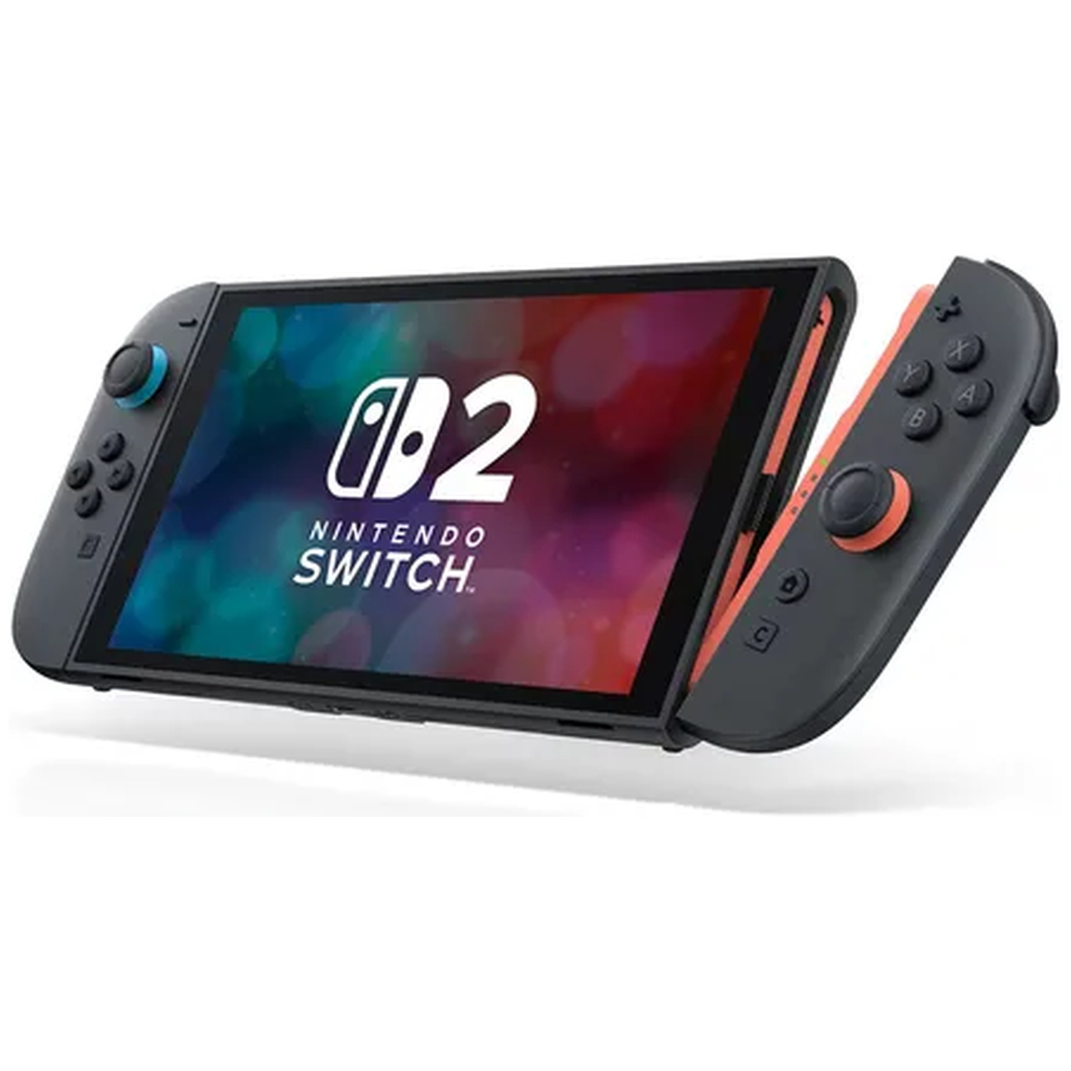 A Nintendo Switch 2 console with dark casing and a detached Joy-Con controller on a white background.