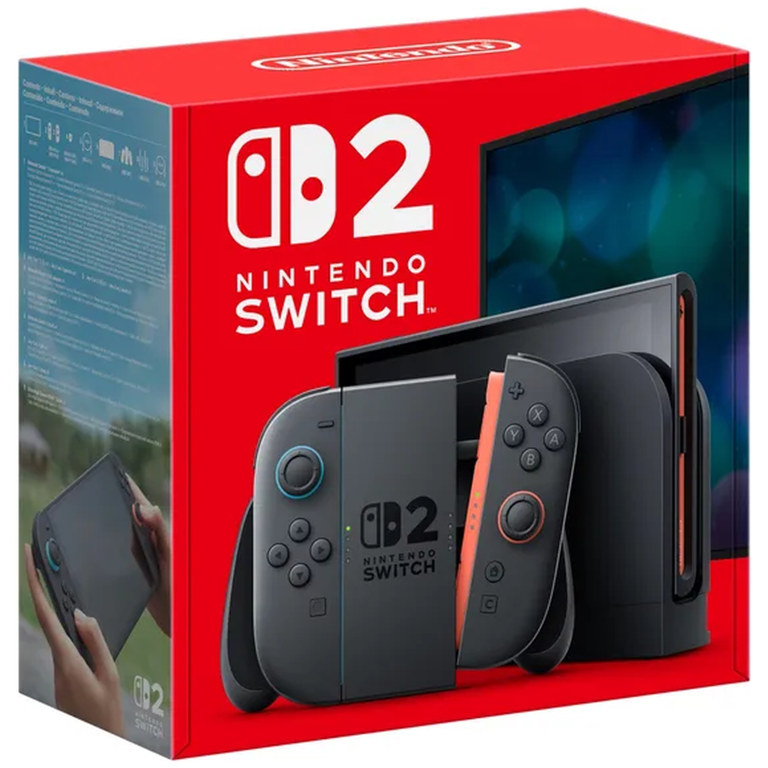 Red Nintendo Switch 2 box featuring a black console and Joy-Con controllers on the front.