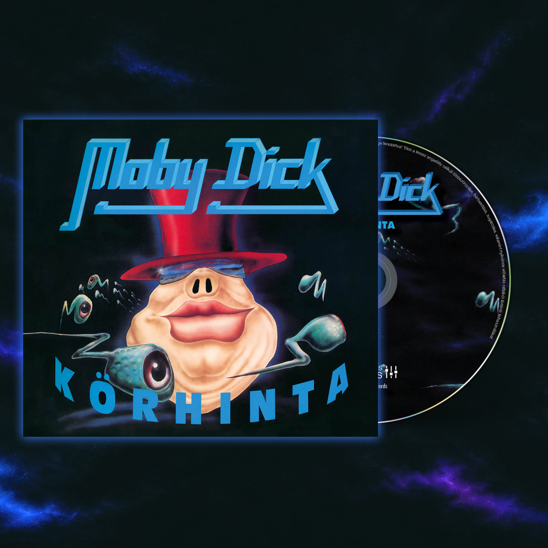 Moby Dick Körhinta CD borító szürreális arccal, cilinderrel és spermaszerű lényekkel sötét háttér előtt.