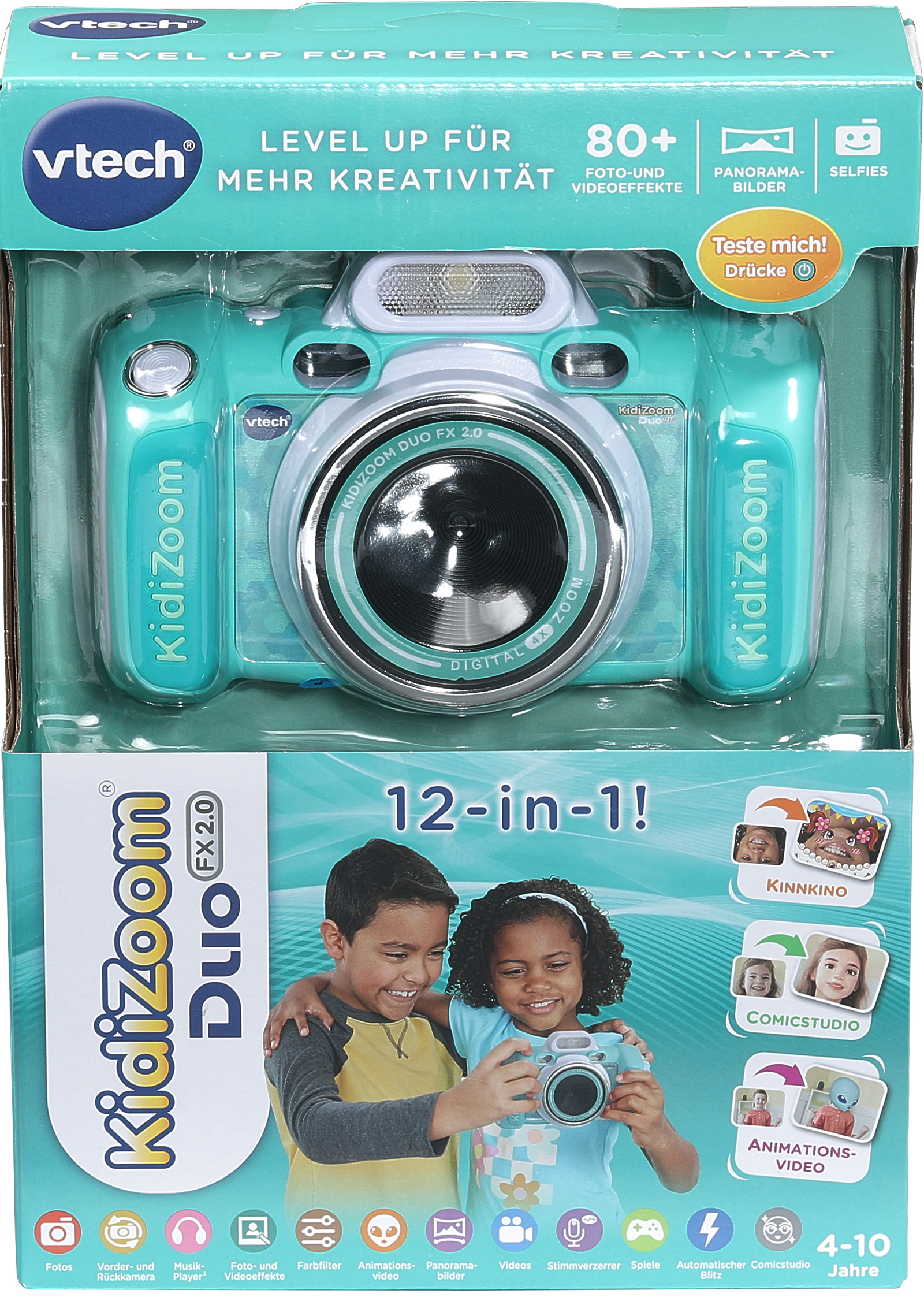 VTech KidiZoom Duo FX 2.0 Kinderkamera in türkiser Verpackung mit zwei Kindern beim Spielen.