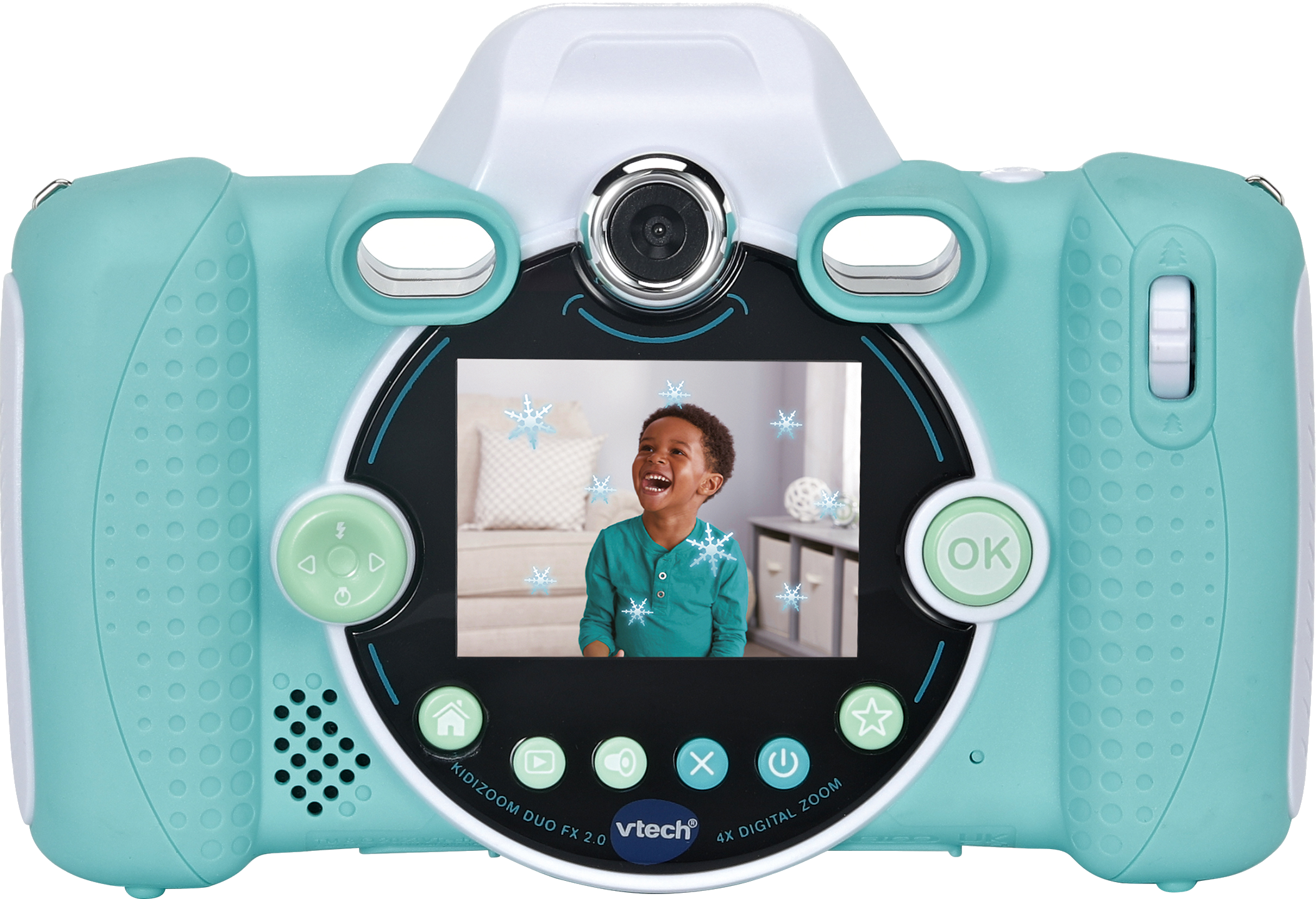 Türkis-weiße VTech Kinderkamera mit Display, das einen lachenden Jungen und Schneeflocken zeigt.