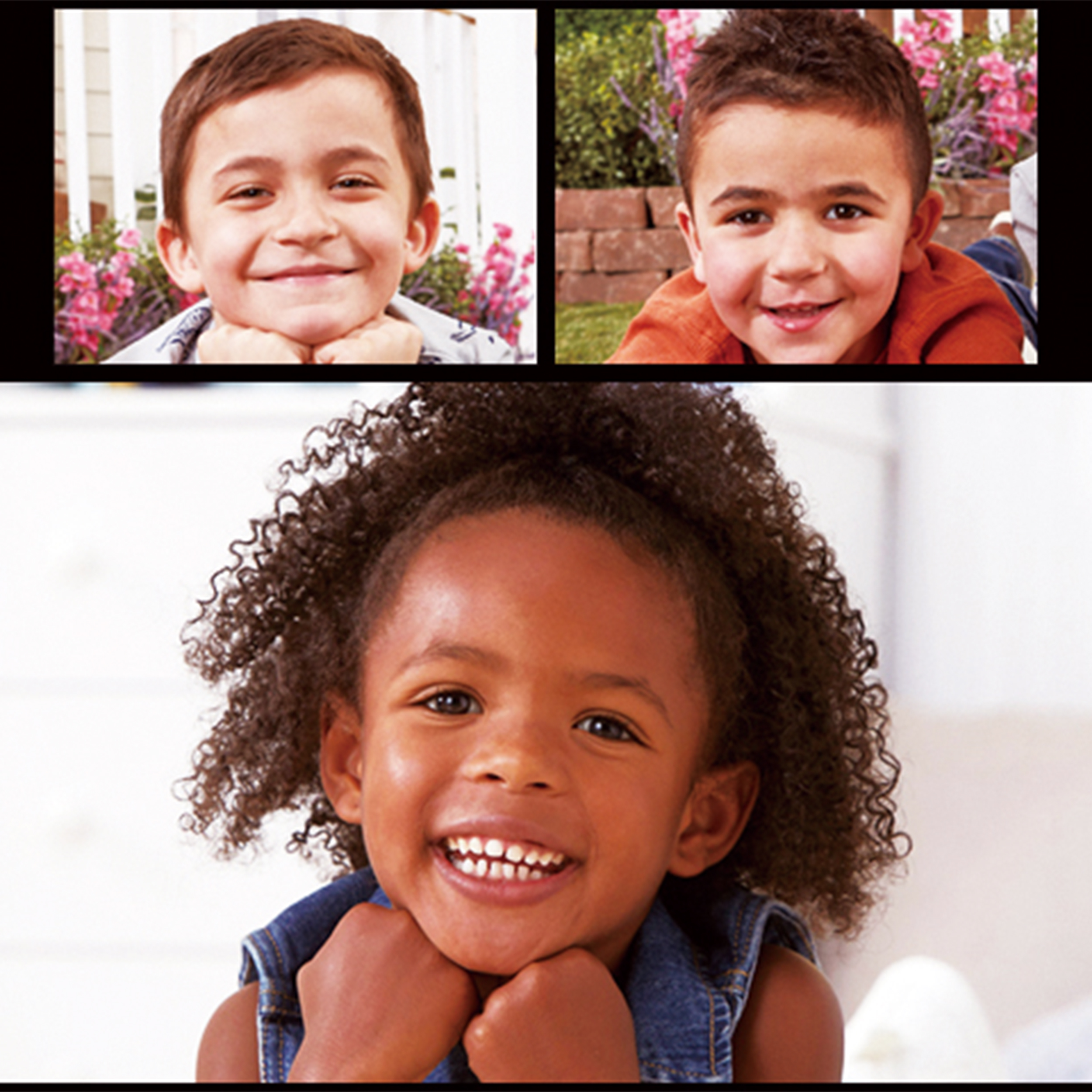 Drei lächelnde Kinder mit unterschiedlichen Gesichtszügen und Frisuren.