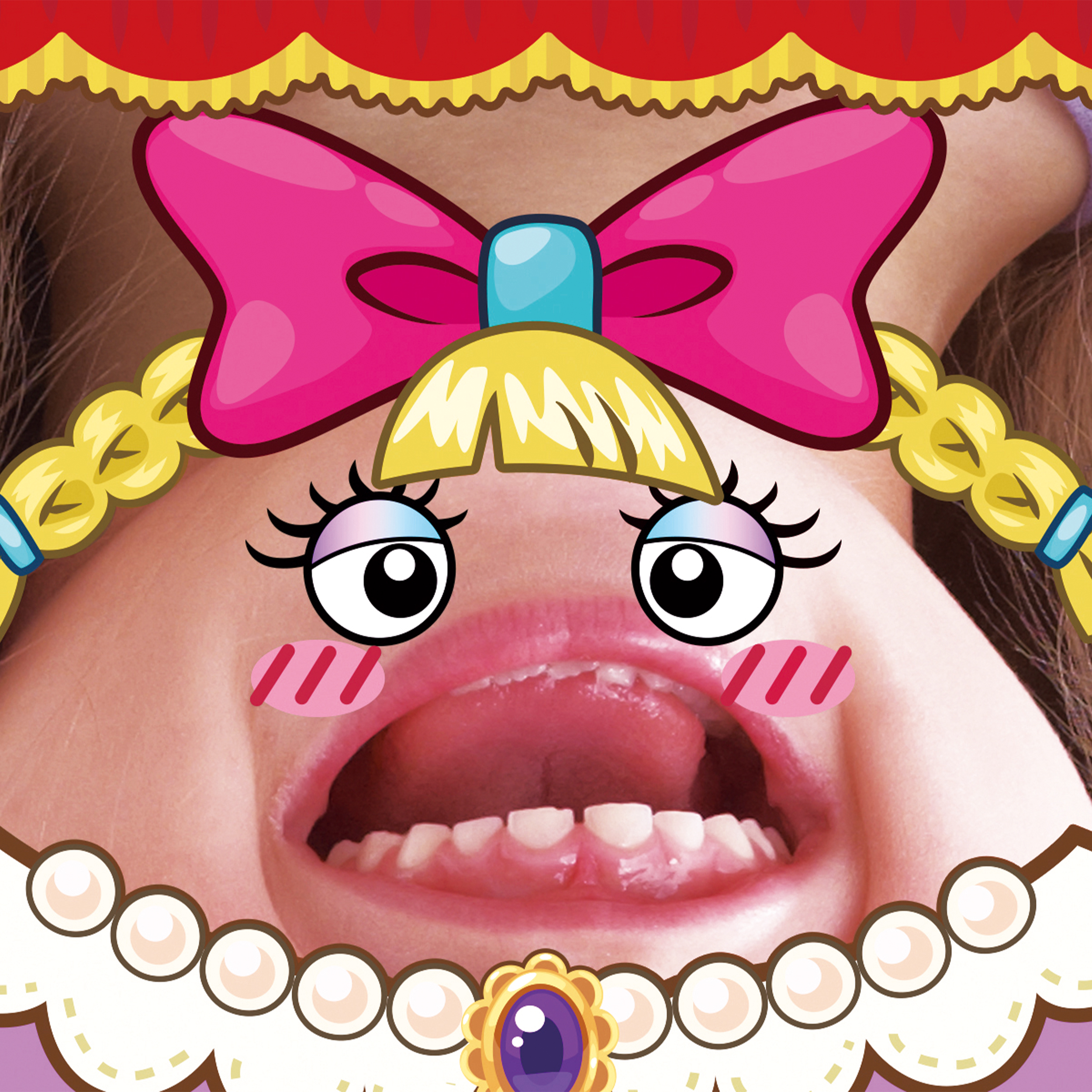 Ein Gesicht mit Cartoon-Augen, einer rosa Schleife und einer Perlenkette, die einen offenen Mund mit Zähnen zeigt.