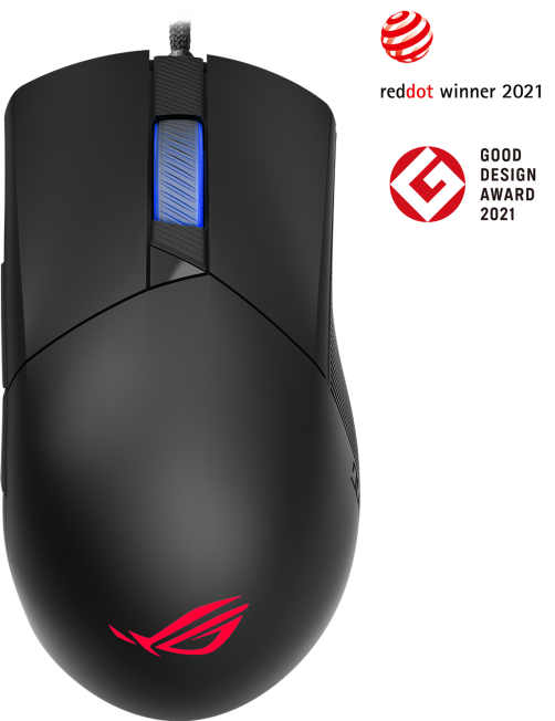 Fekete gamer egér kék görgővel, piros logóval és két design díjjal a jobb felső sarokban.