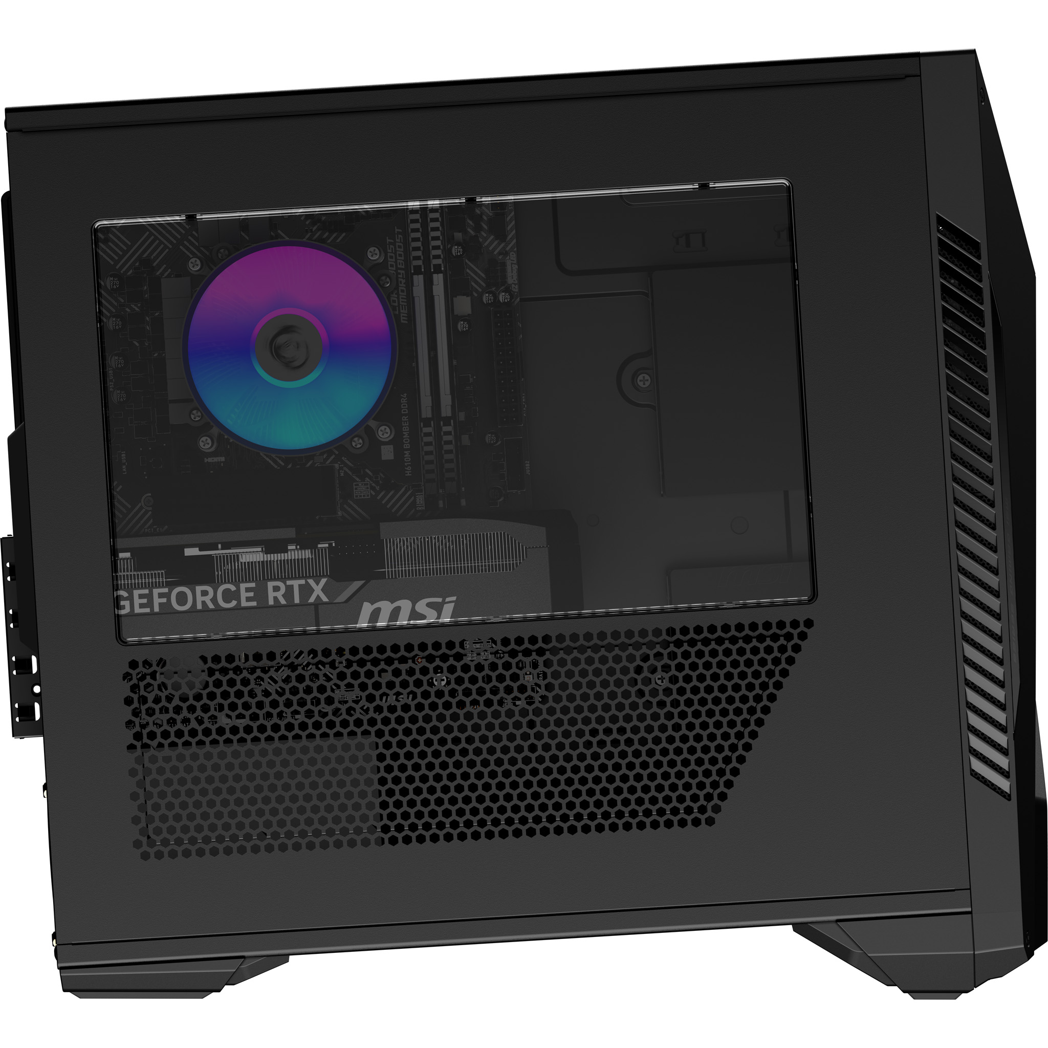 Boîtier PC noir avec fenêtre latérale montrant un ventilateur et une carte graphique.